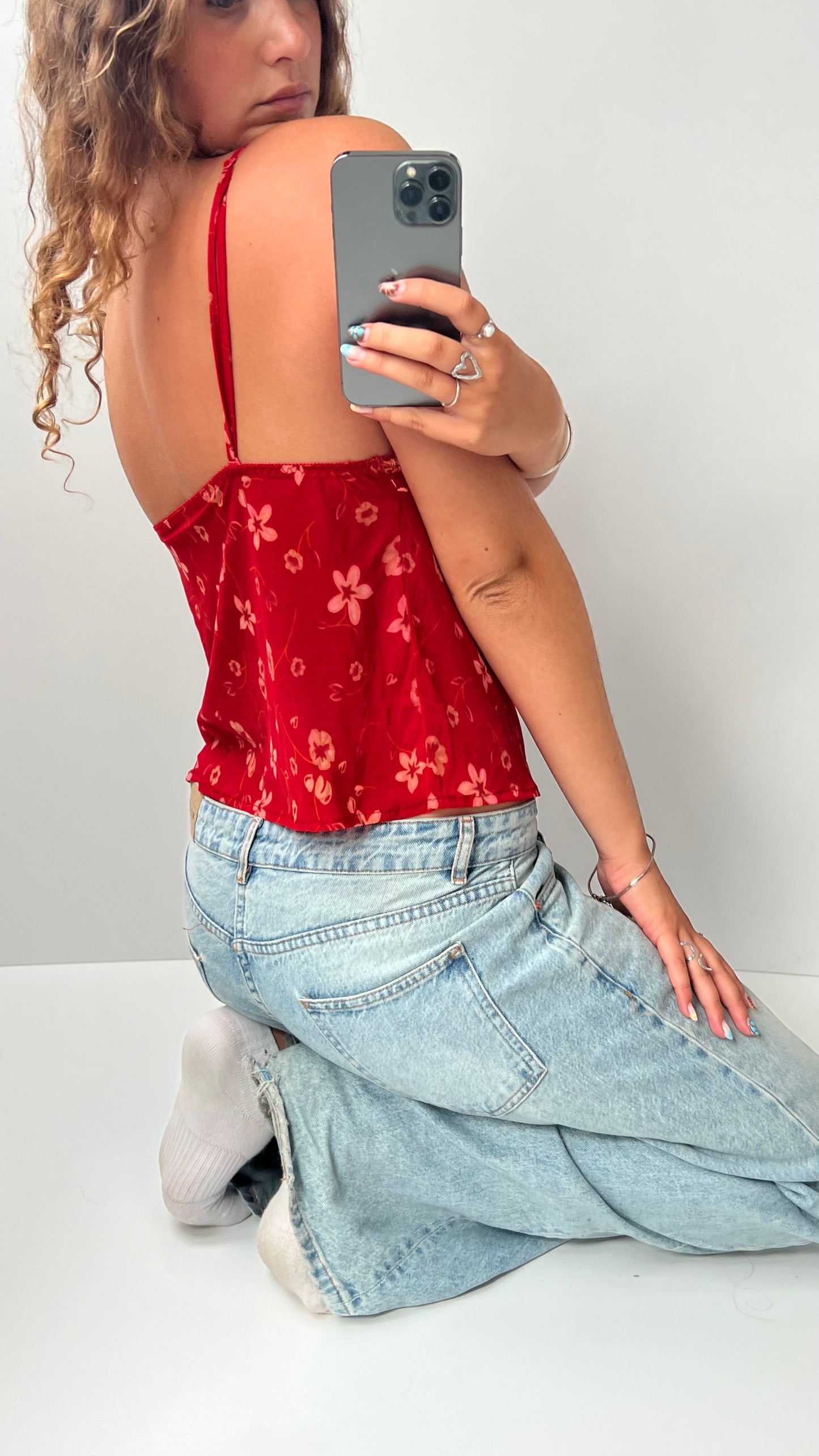00s red floral mesh cami- size S