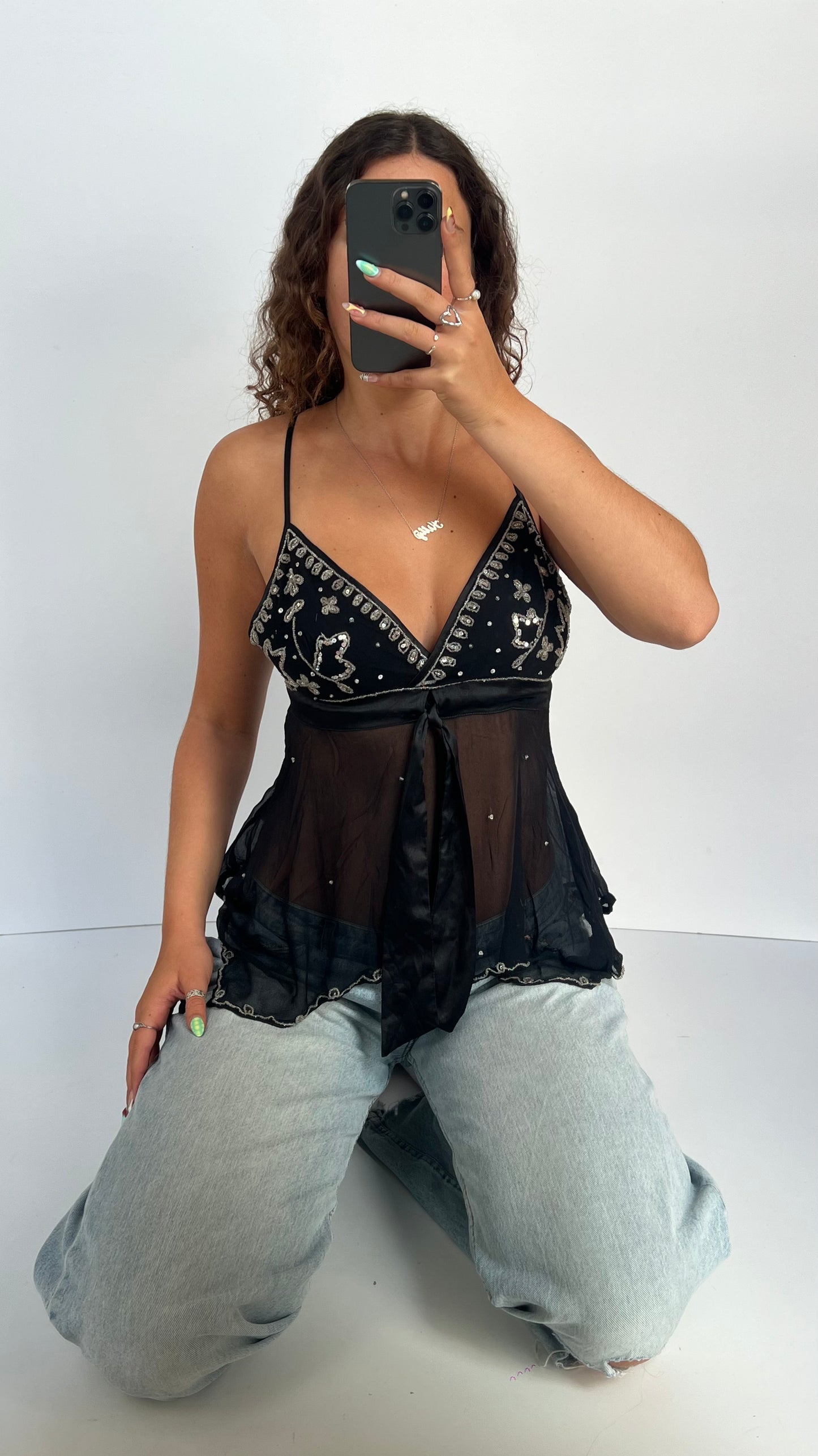 00s black sequin mesh cami- size M