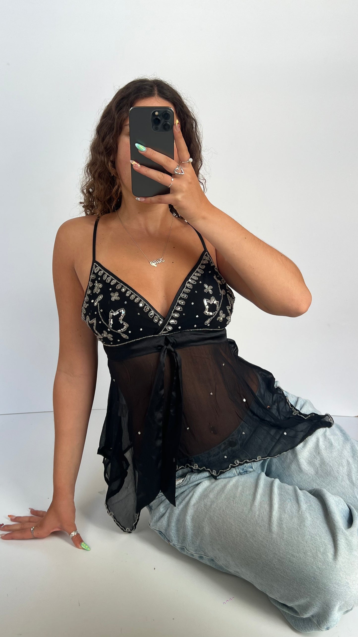 00s black sequin mesh cami- size M