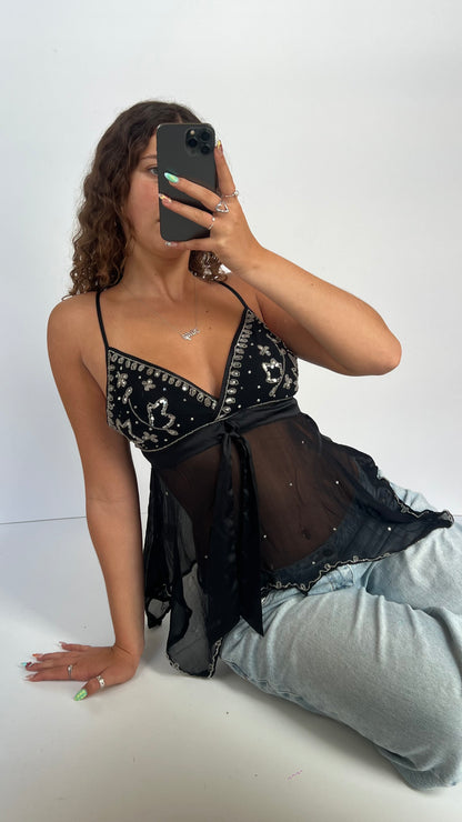 00s black sequin mesh cami- size M