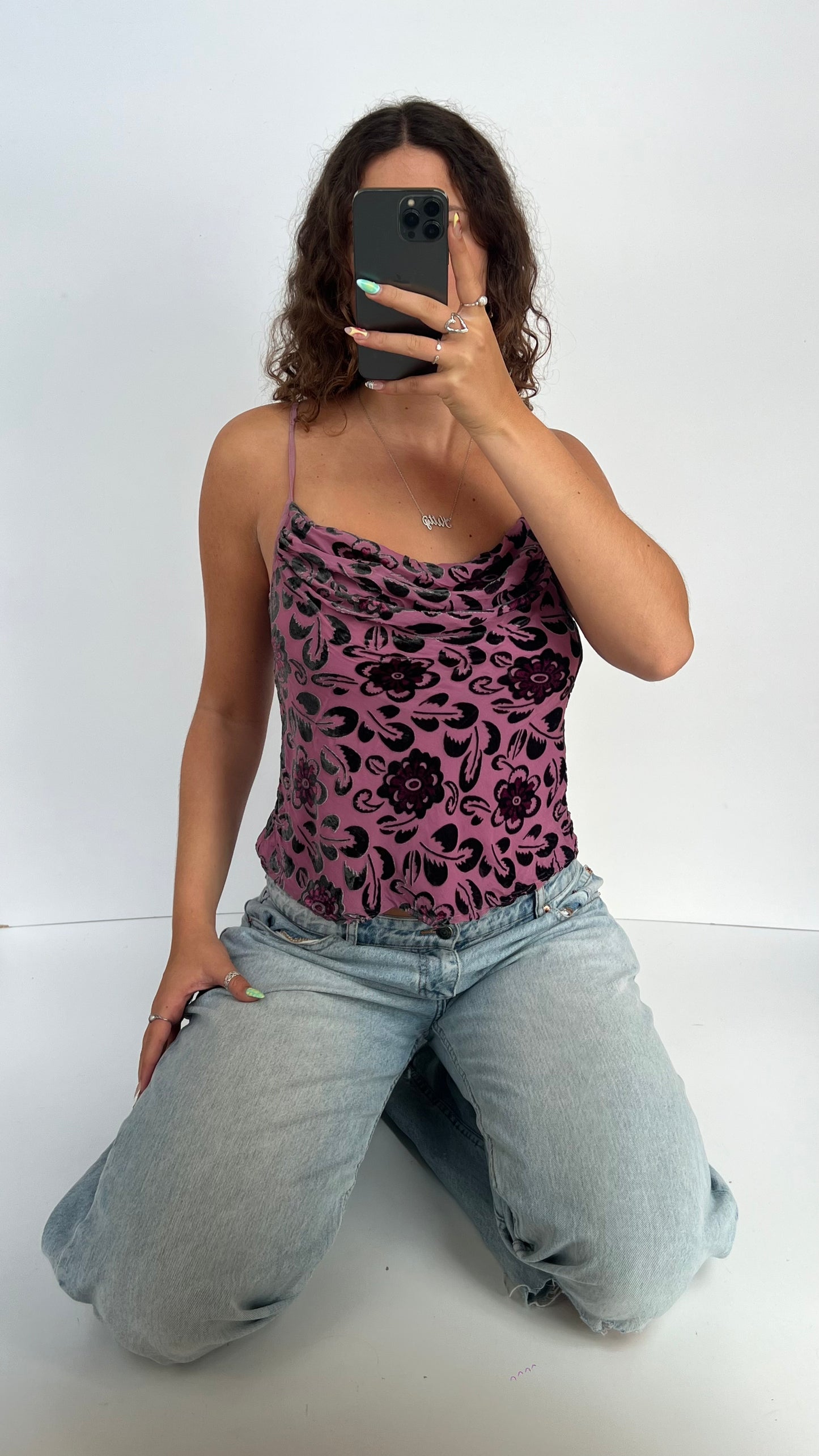 00s pink velvet floral cami- size XL
