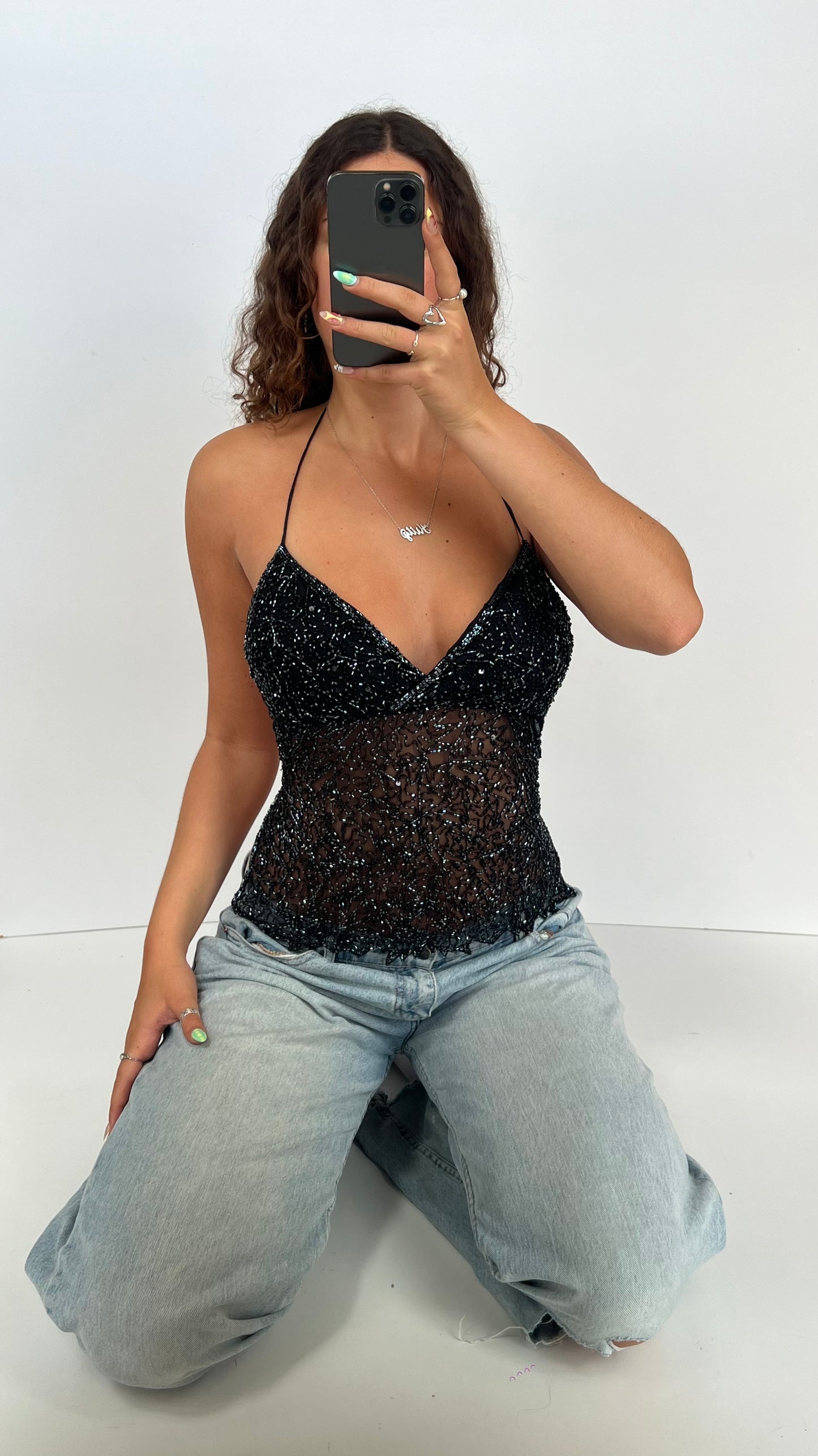 00s black sequin backless cami- size M