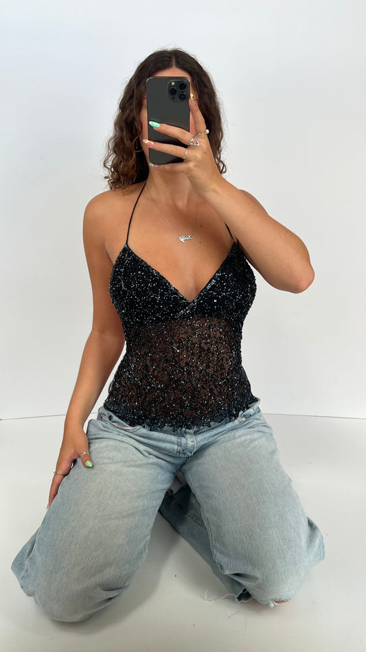 00s black sequin backless cami- size M