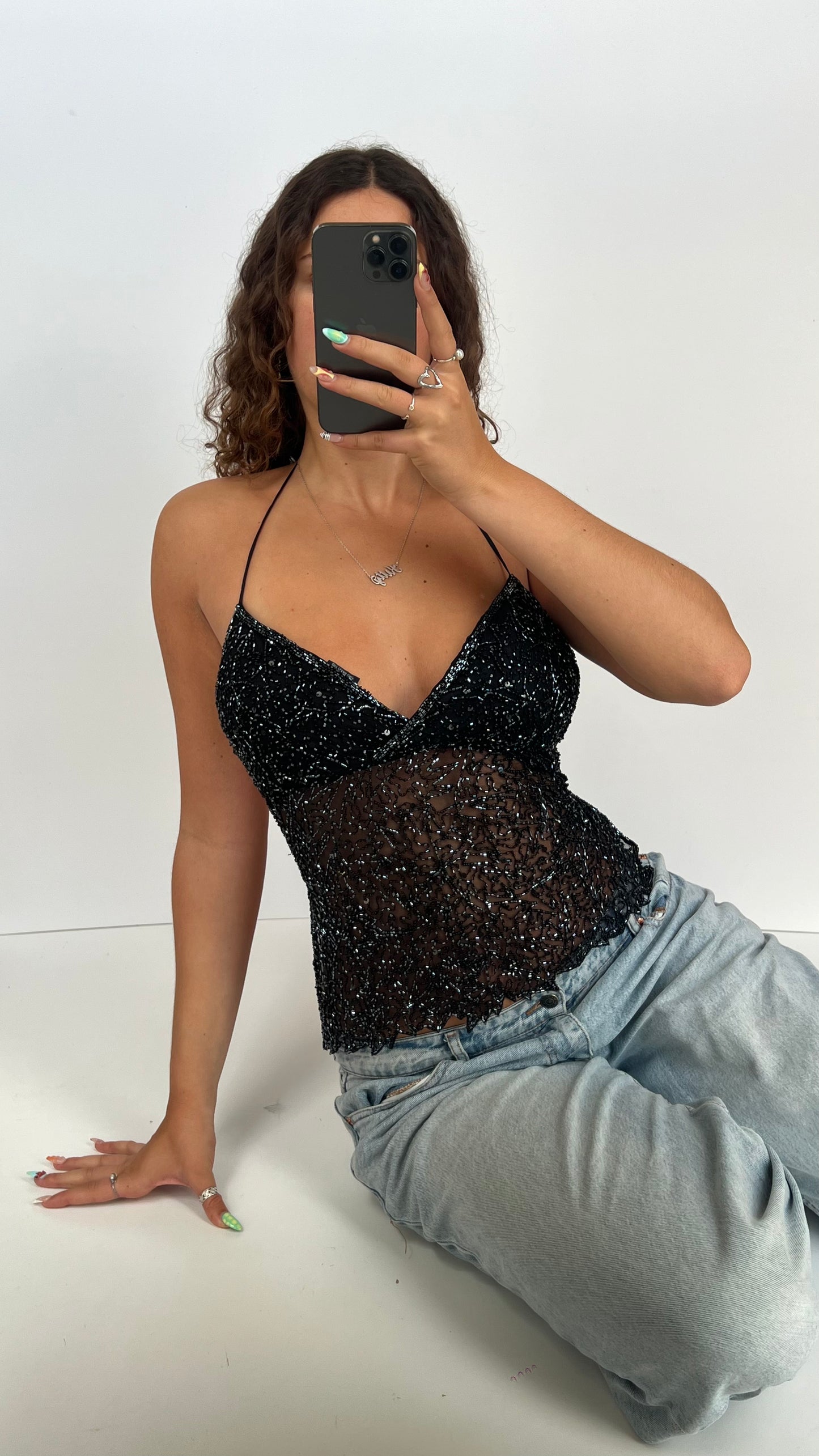 00s black sequin backless cami- size M