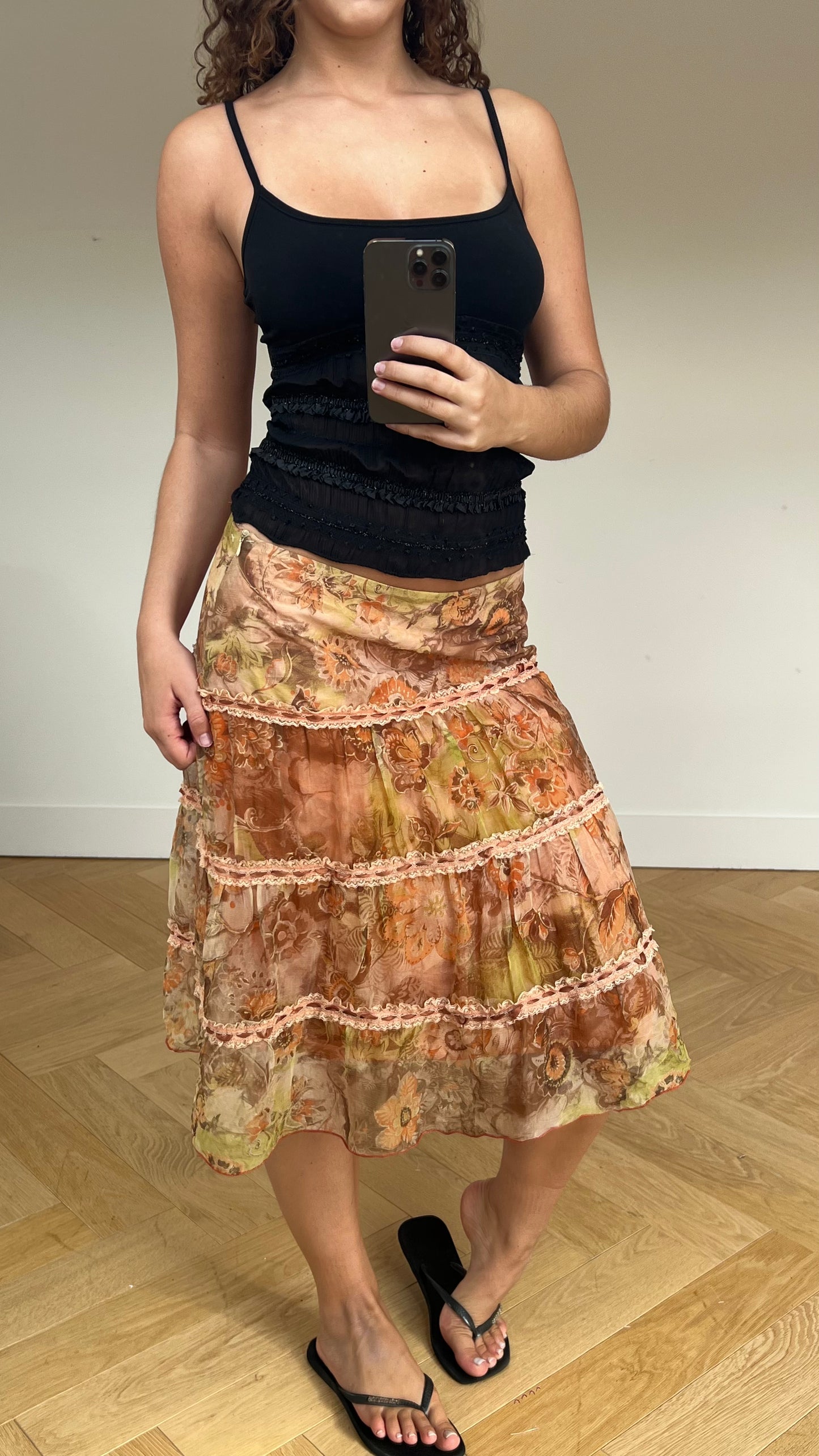 00s orange floral midi skirt- size M