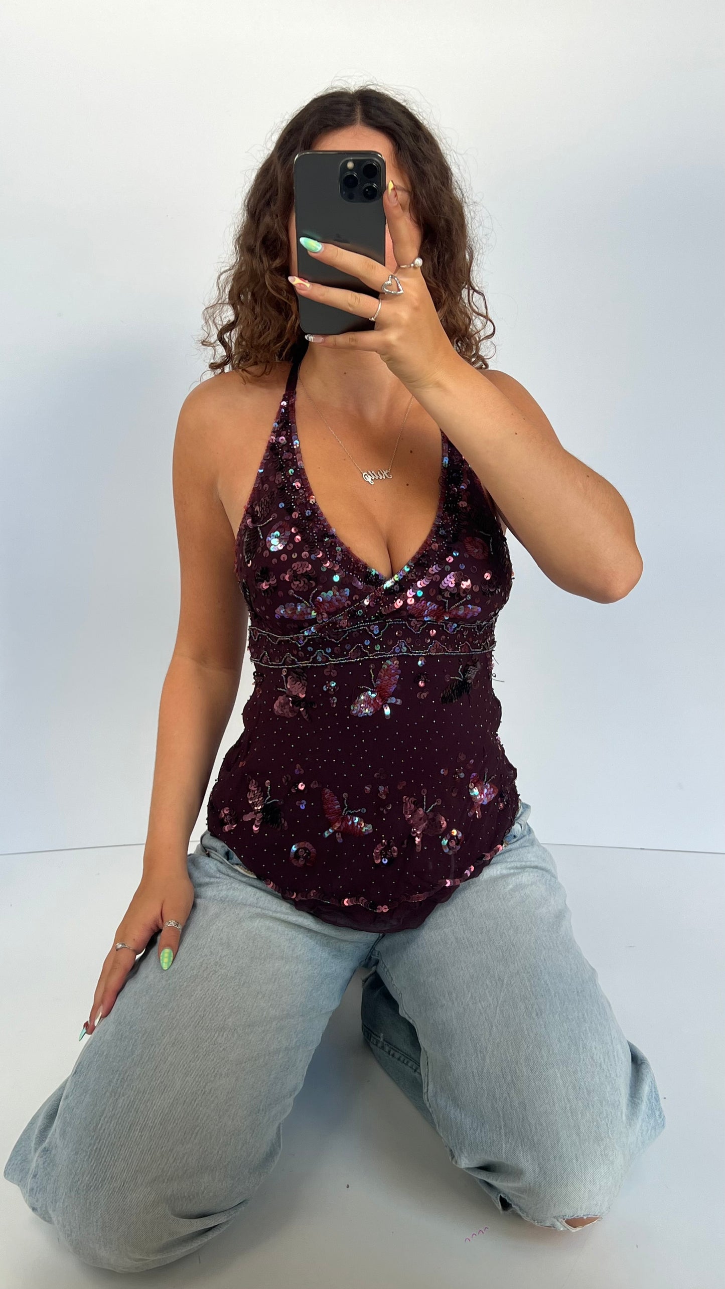 00s burgundy butterfly sequin cami- size M