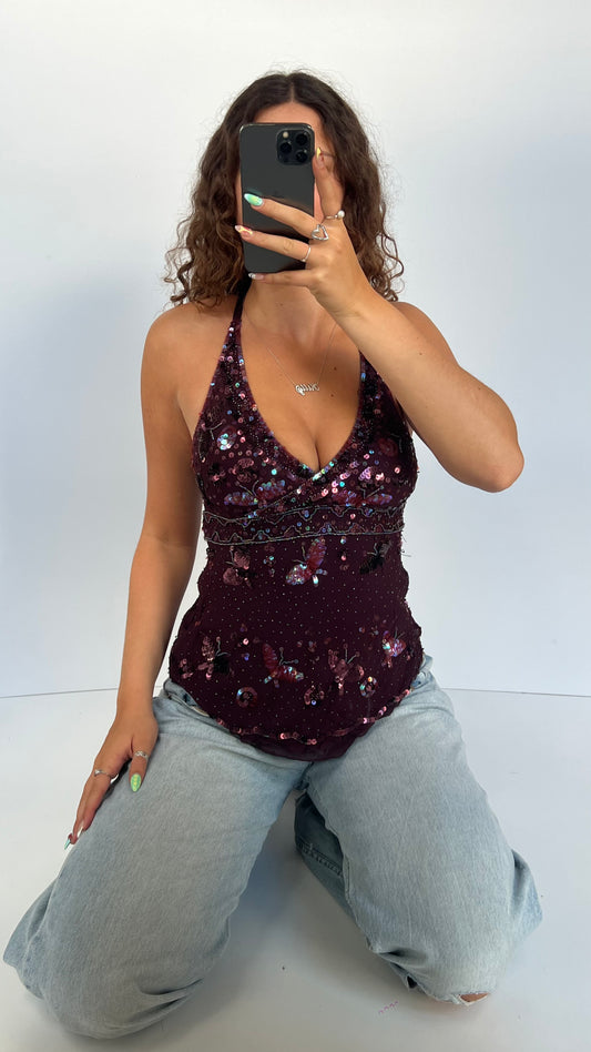 00s burgundy butterfly sequin cami- size M