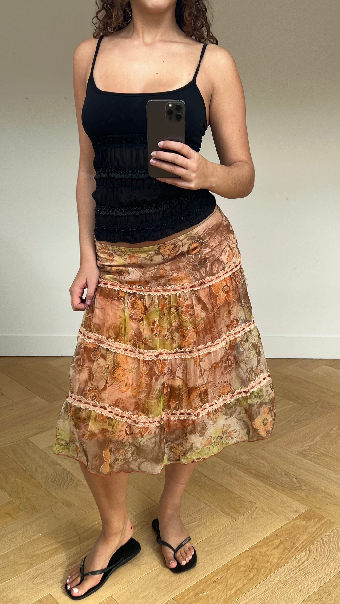 00s orange floral midi skirt- size M