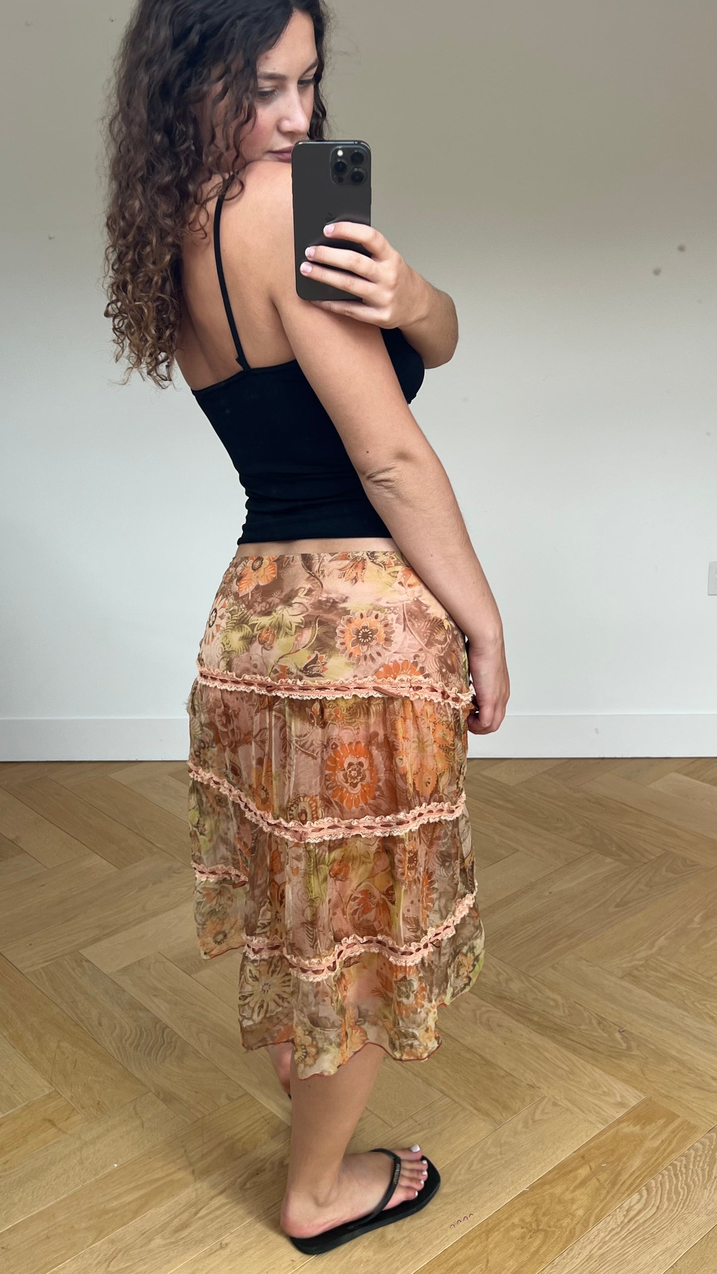 00s orange floral midi skirt- size M