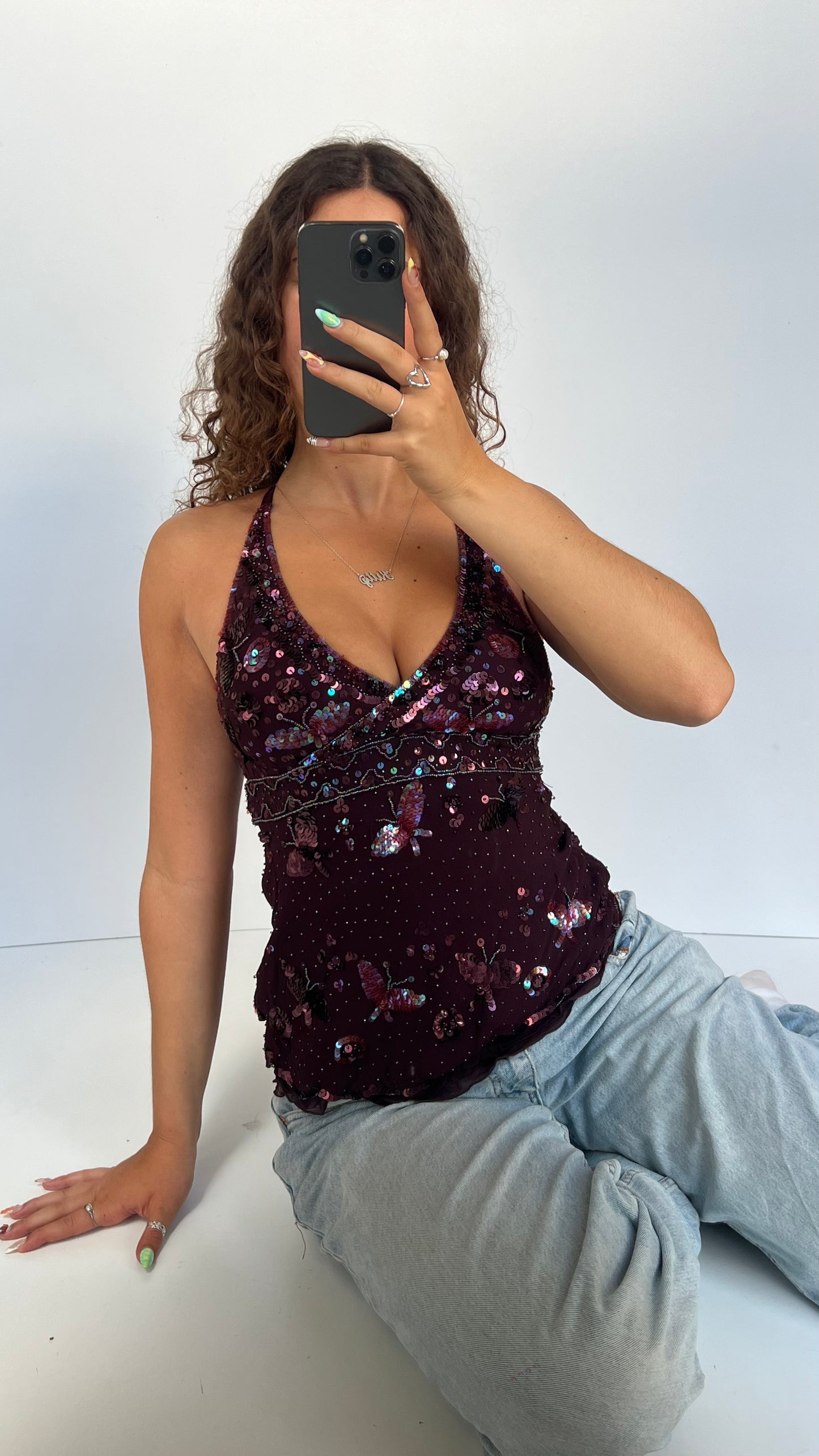00s burgundy butterfly sequin cami- size M