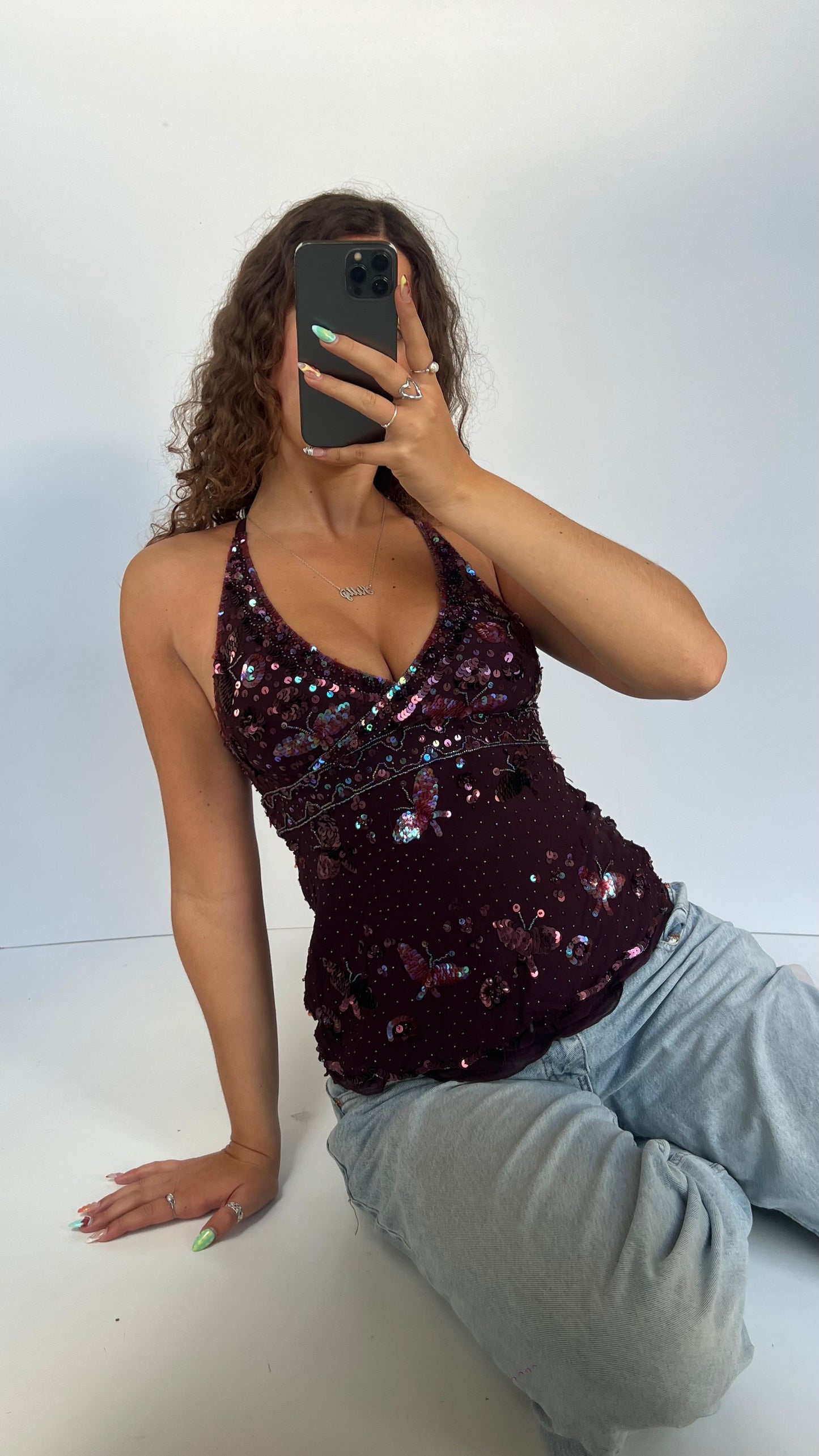00s burgundy butterfly sequin cami- size M