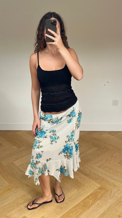 00s blue floral maxi skirt- size L