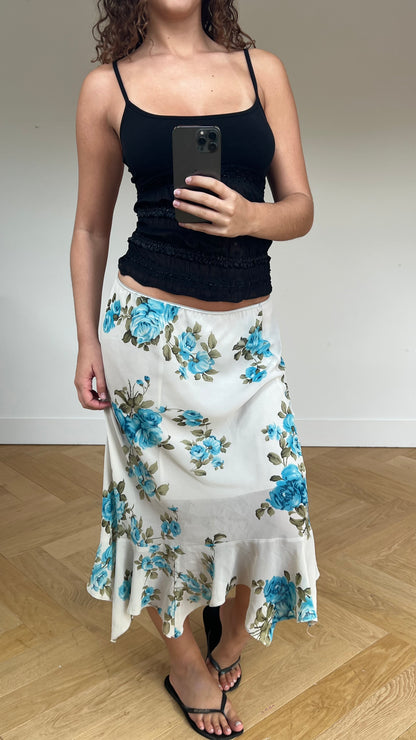 00s blue floral maxi skirt- size L