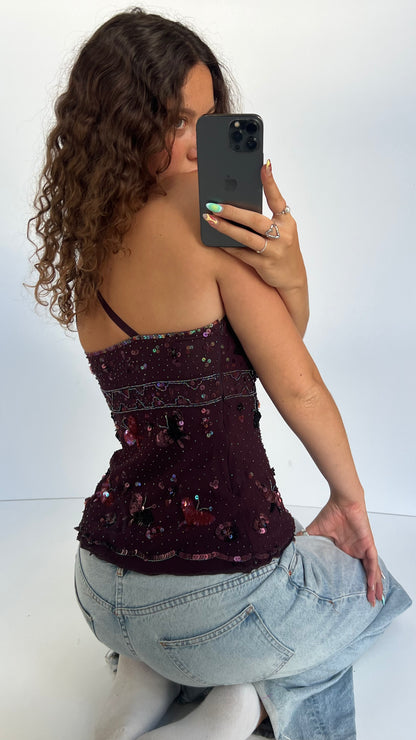00s burgundy butterfly sequin cami- size M