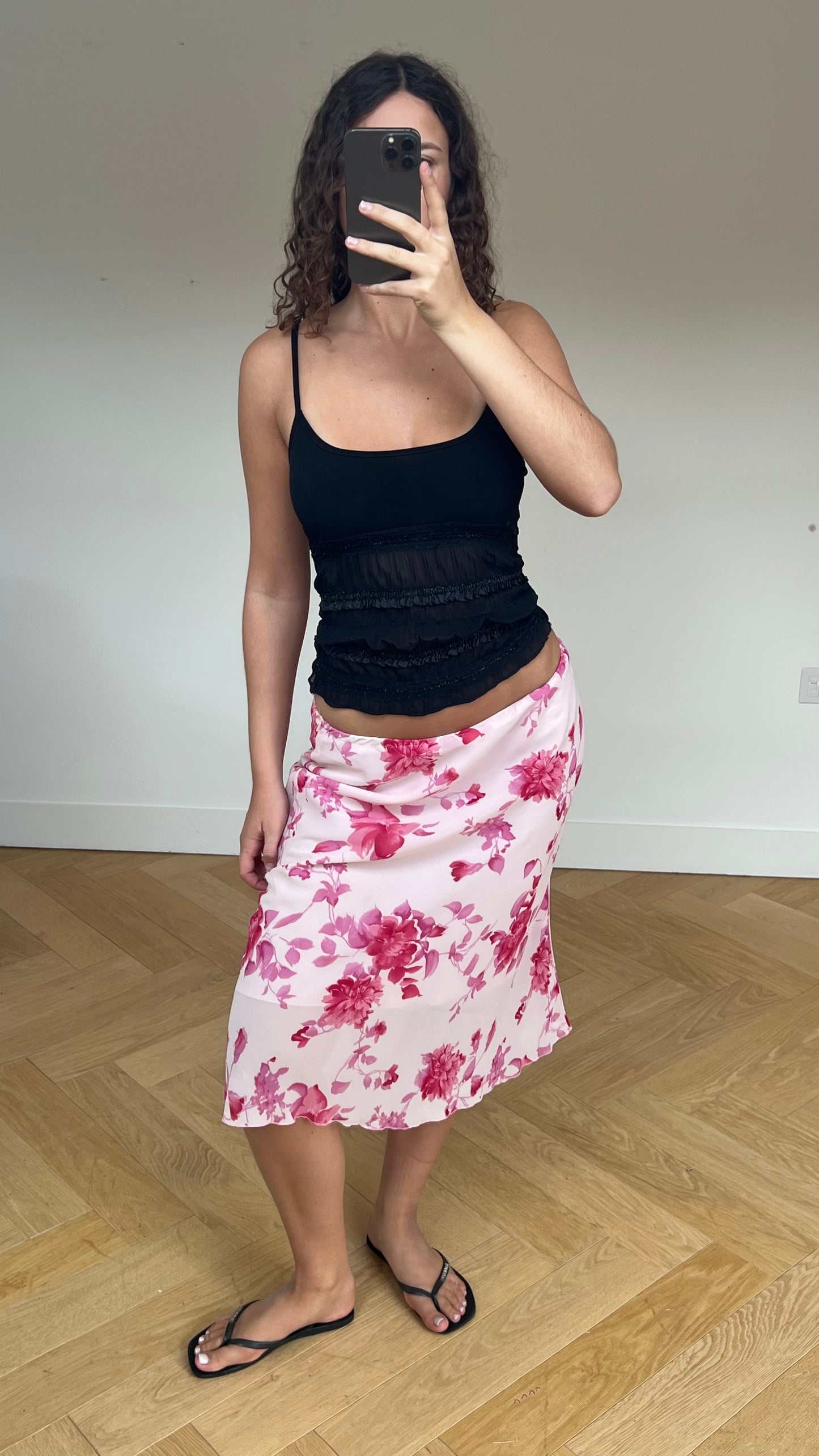 00s pink floral midi skirt- size M/L