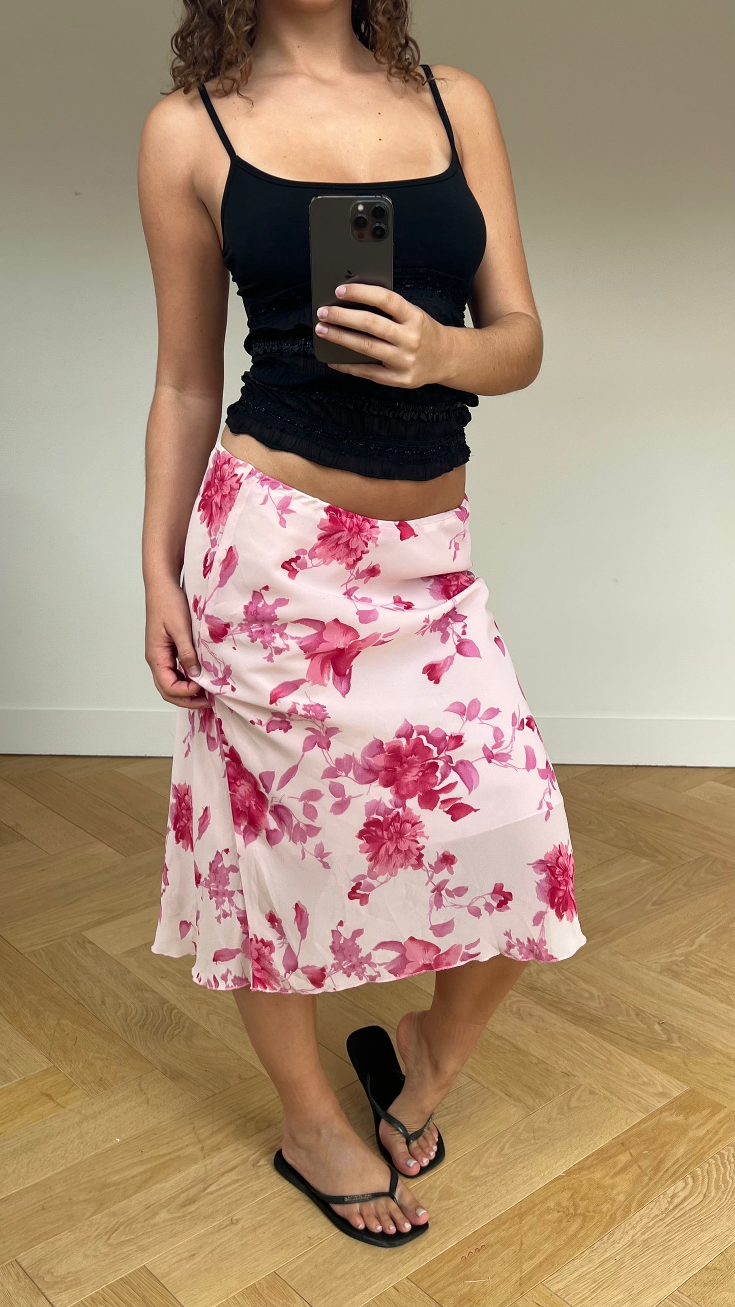 00s pink floral midi skirt- size M/L