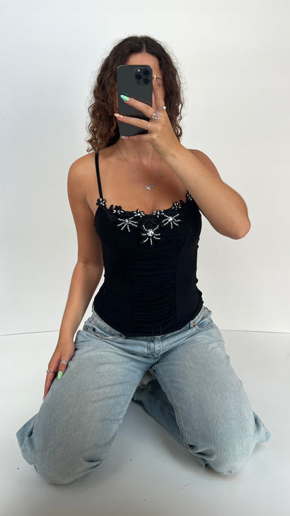 00s black floral beaded cami- size S