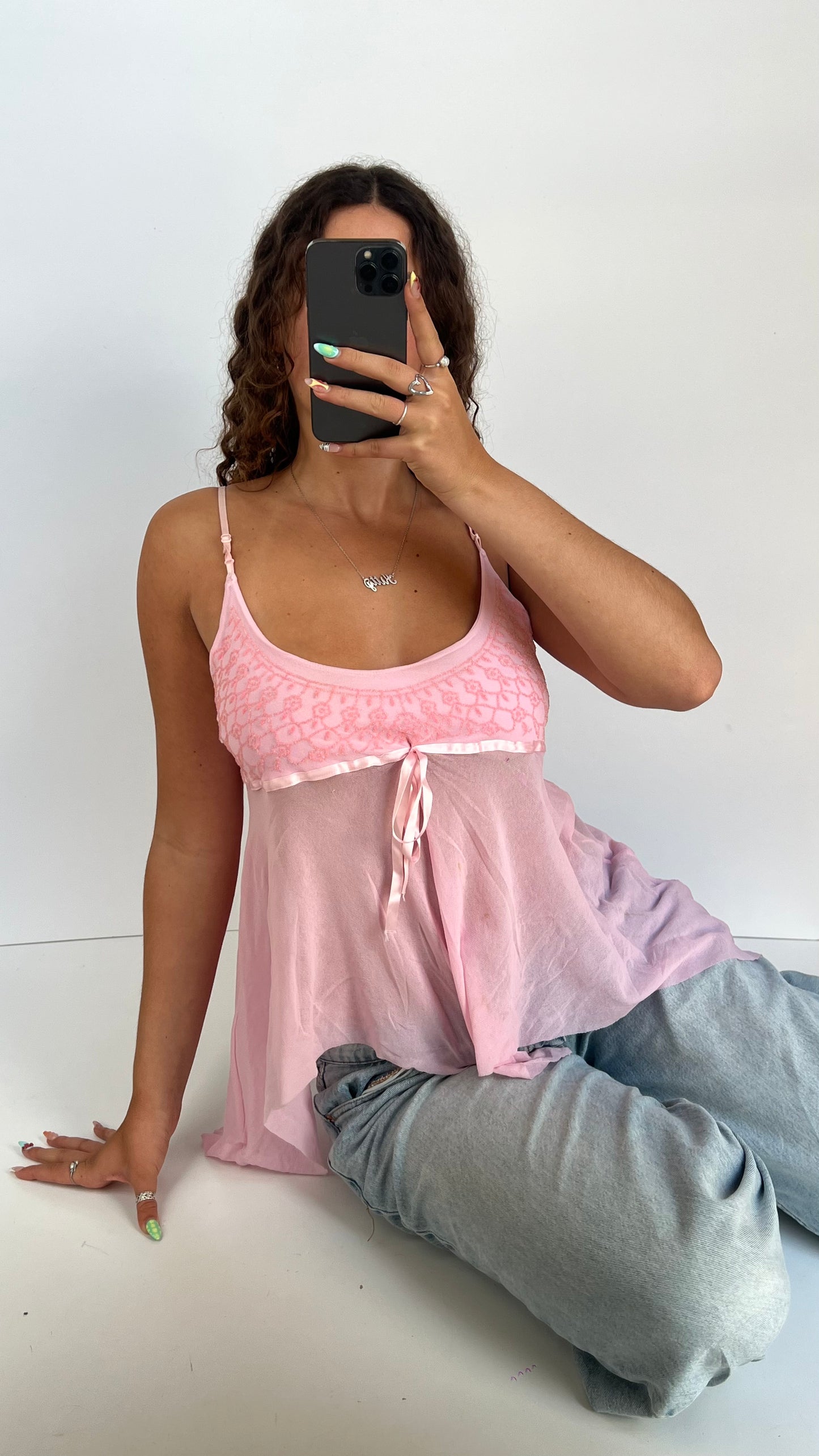 00s pink mesh beaded cami- size M