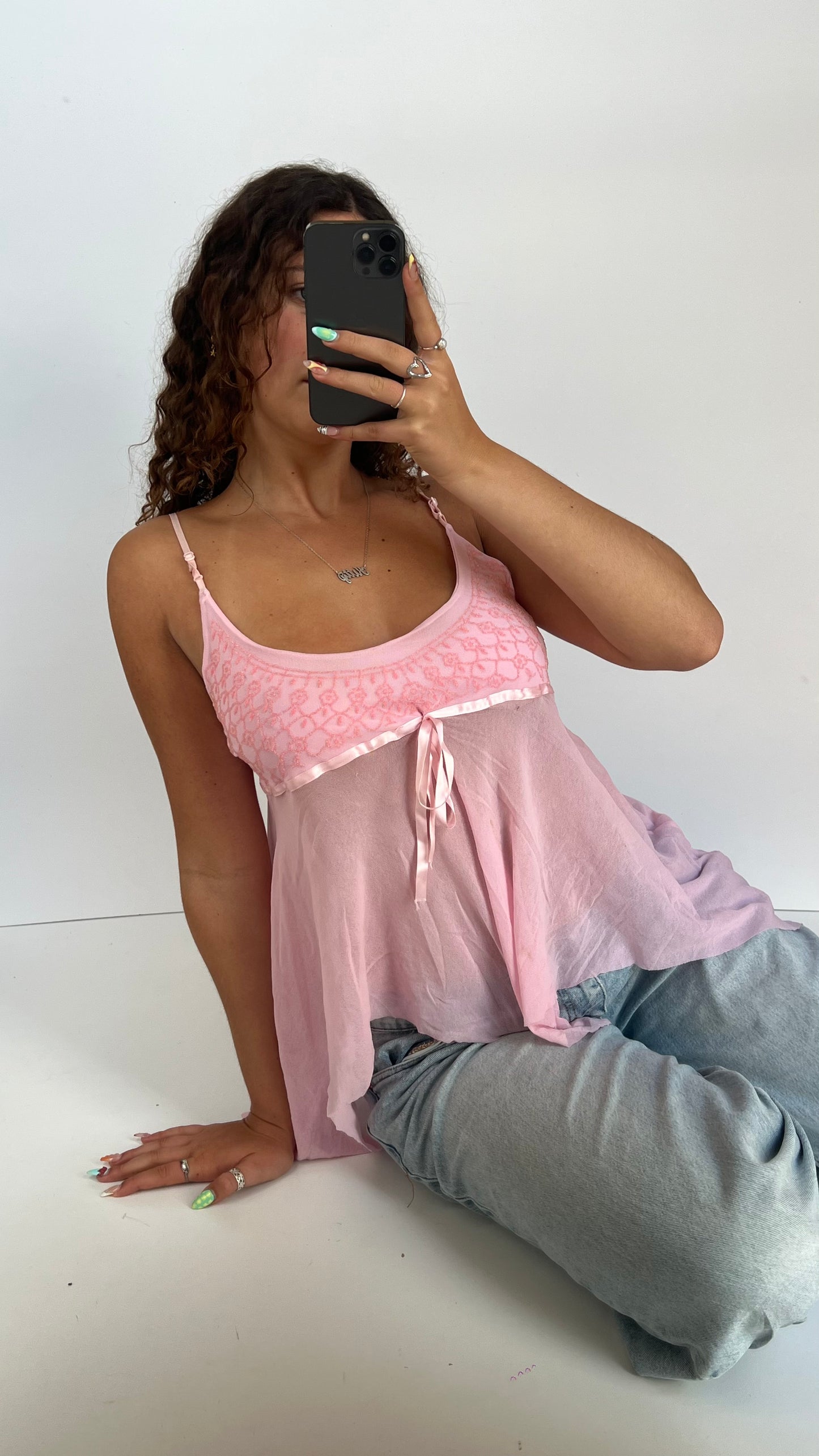 00s pink mesh beaded cami- size M