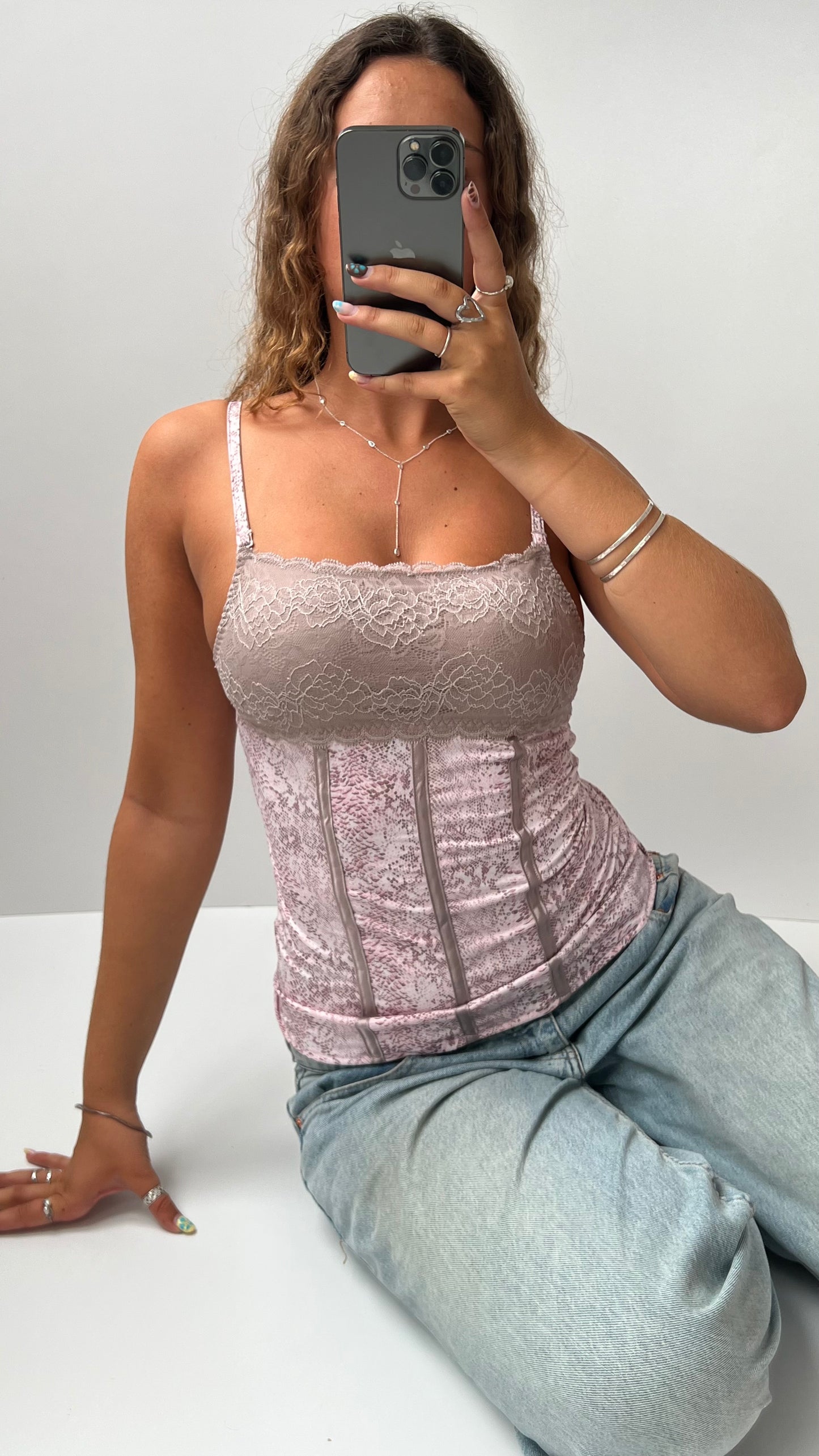 00s pink snakeskin lace cami- size S
