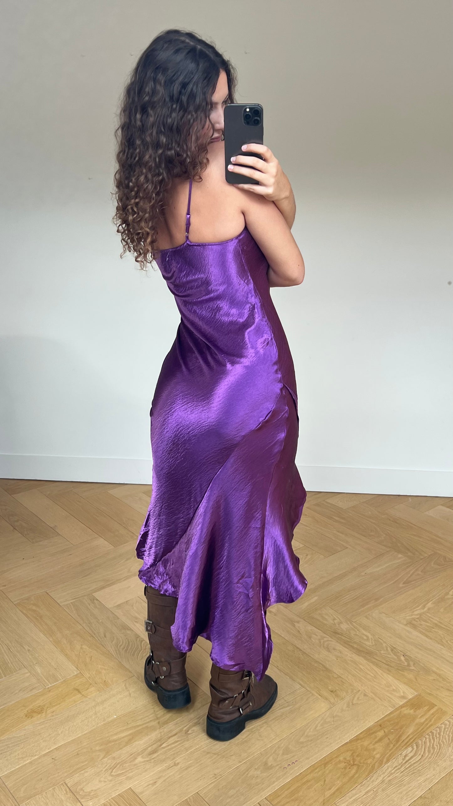 00s purple satin maxi dress- size M