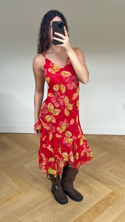 00s red floral beaded maxi dress- size M
