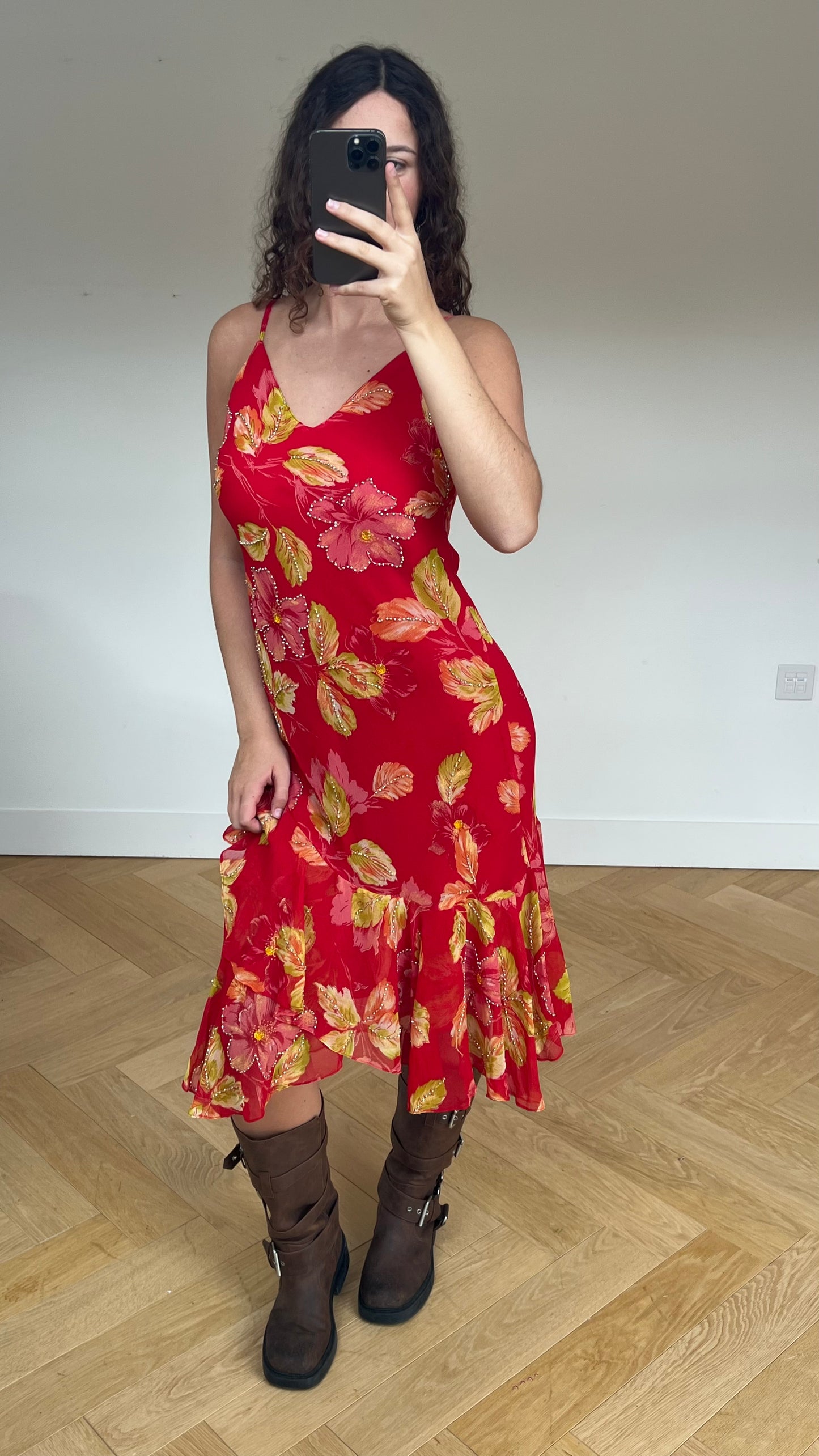 00s red floral beaded maxi dress- size M