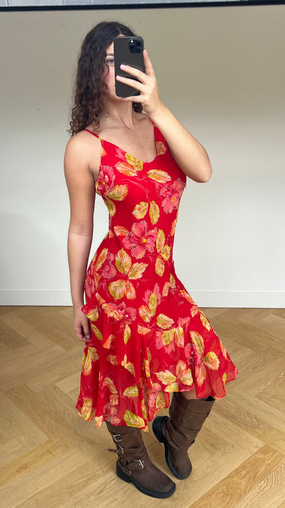 00s red floral beaded maxi dress- size M