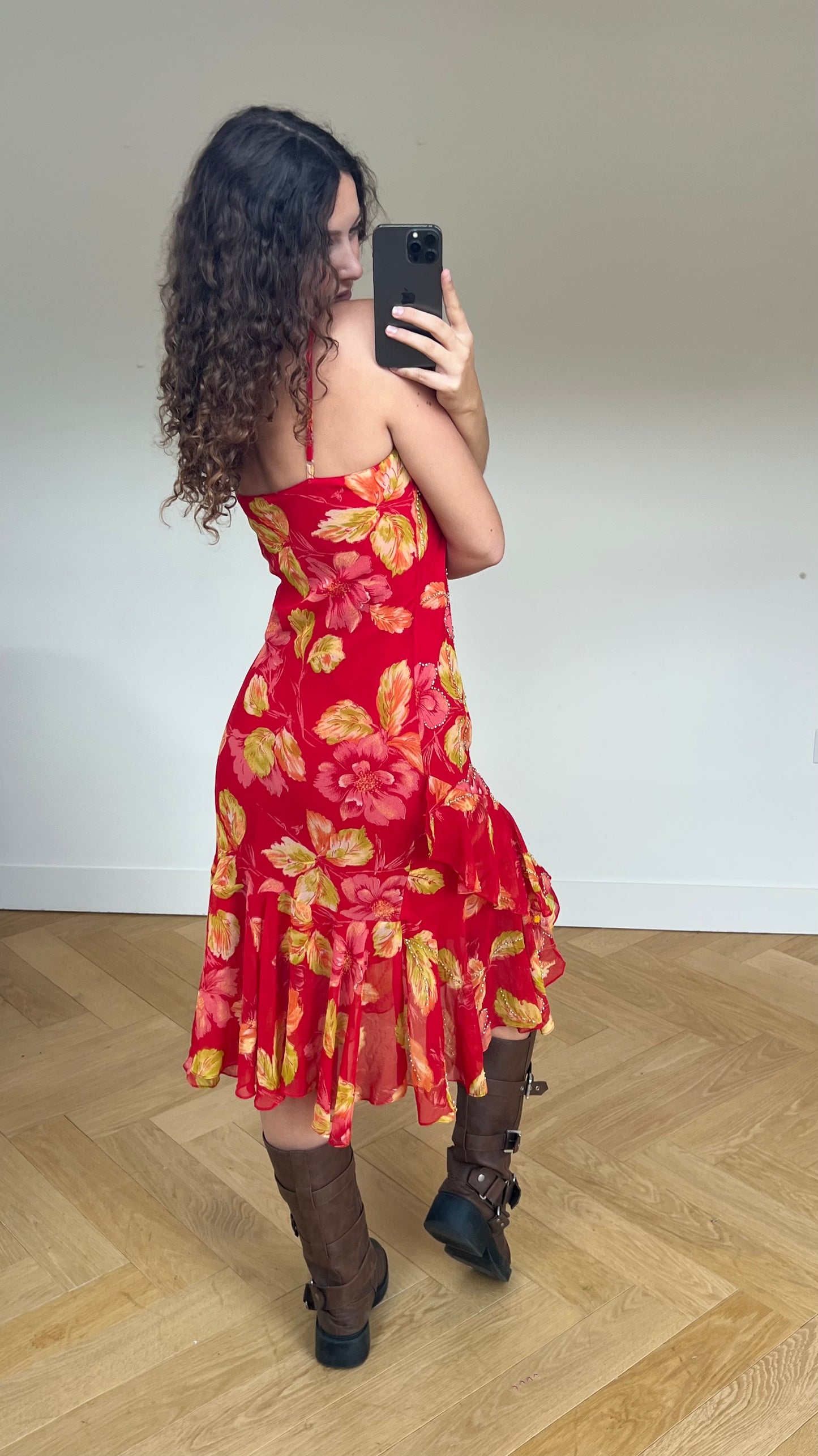 00s red floral beaded maxi dress- size M