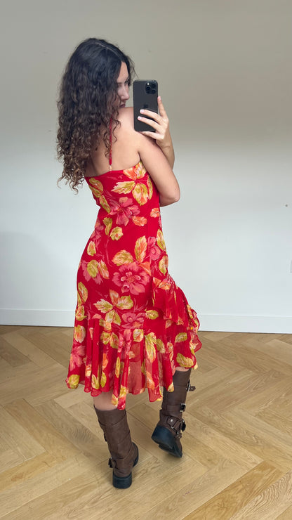 00s red floral beaded maxi dress- size M
