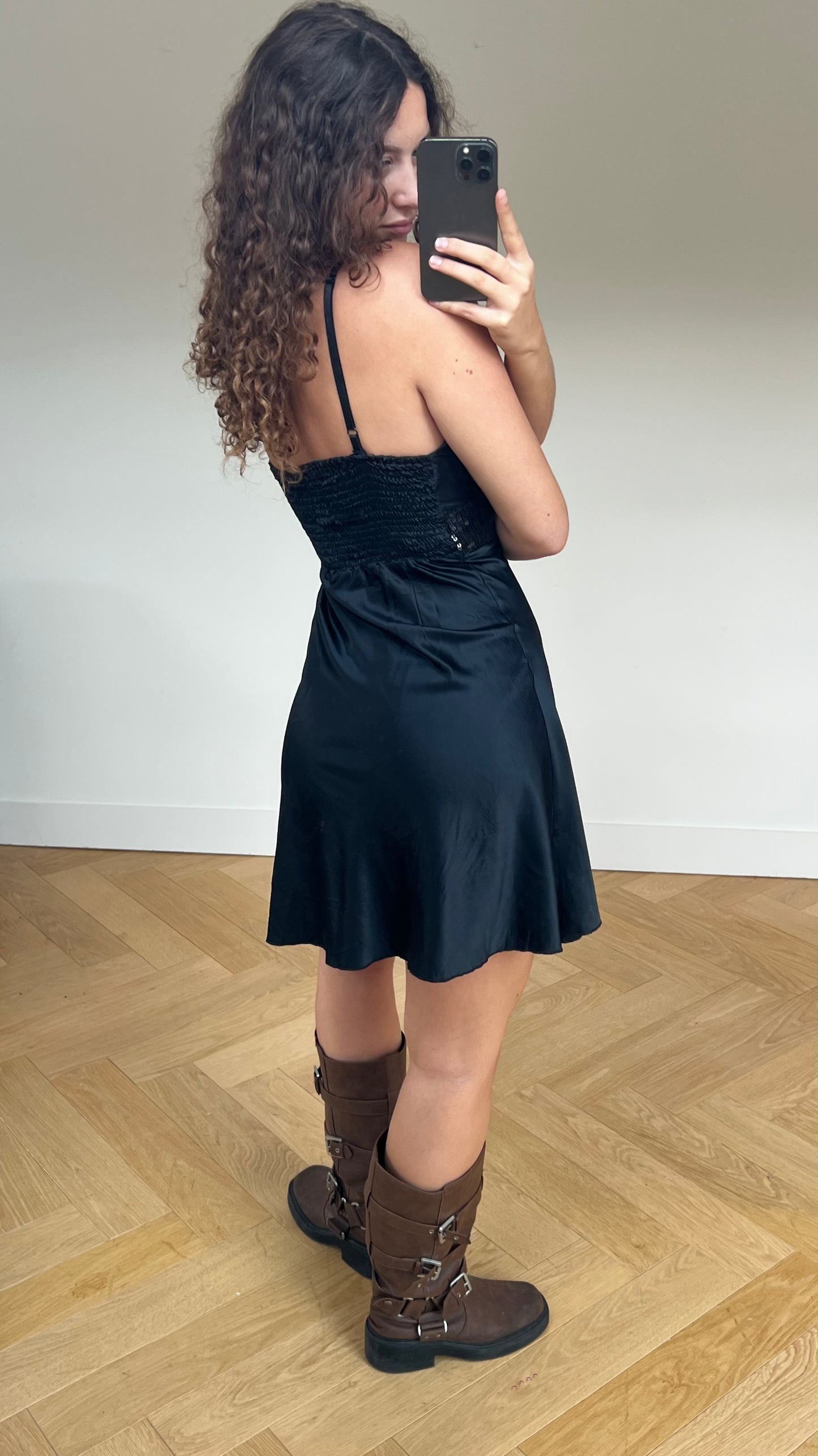 00s black satin sequin mini dress- size M