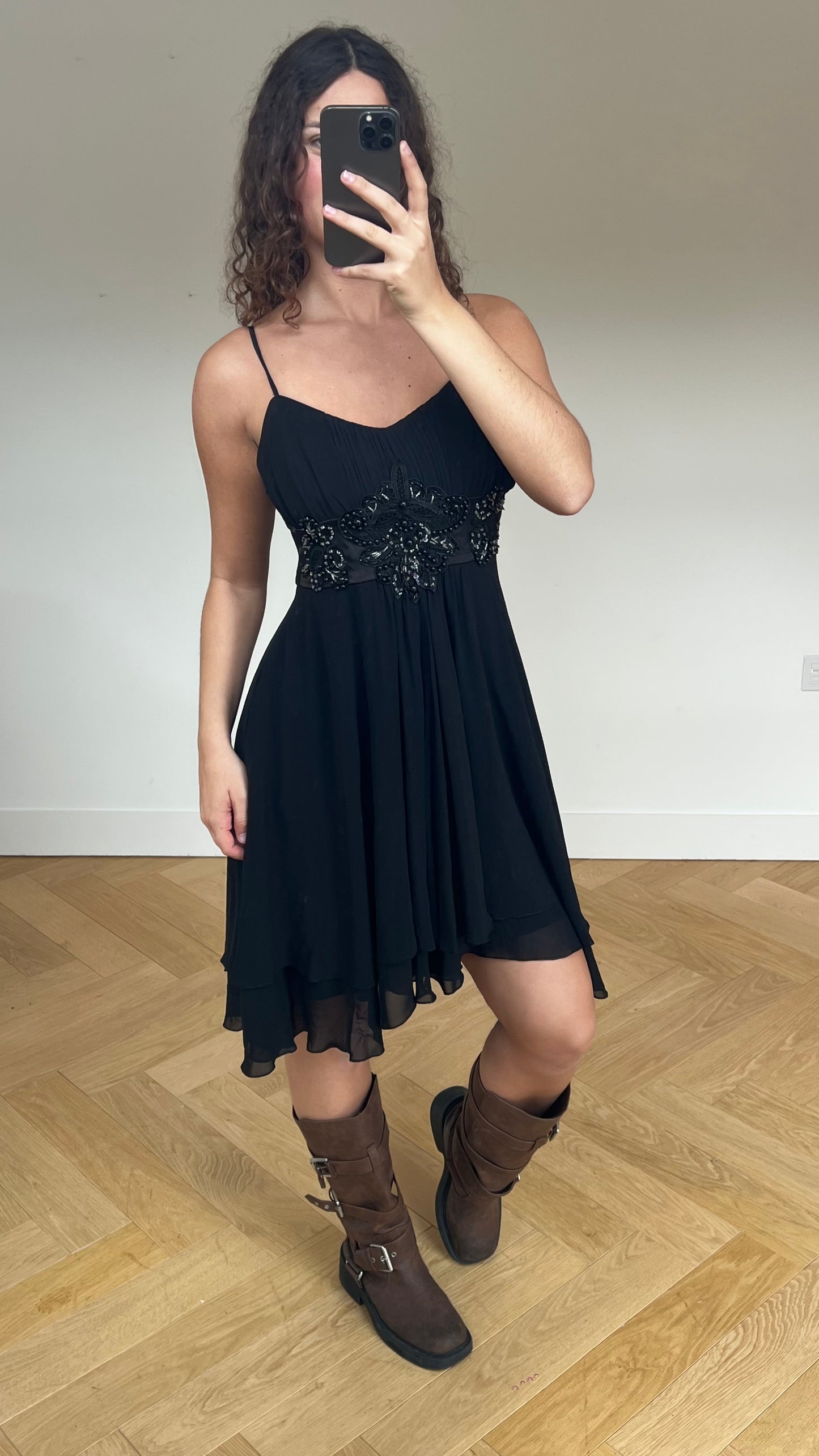 00s black beaded midi dress- size L