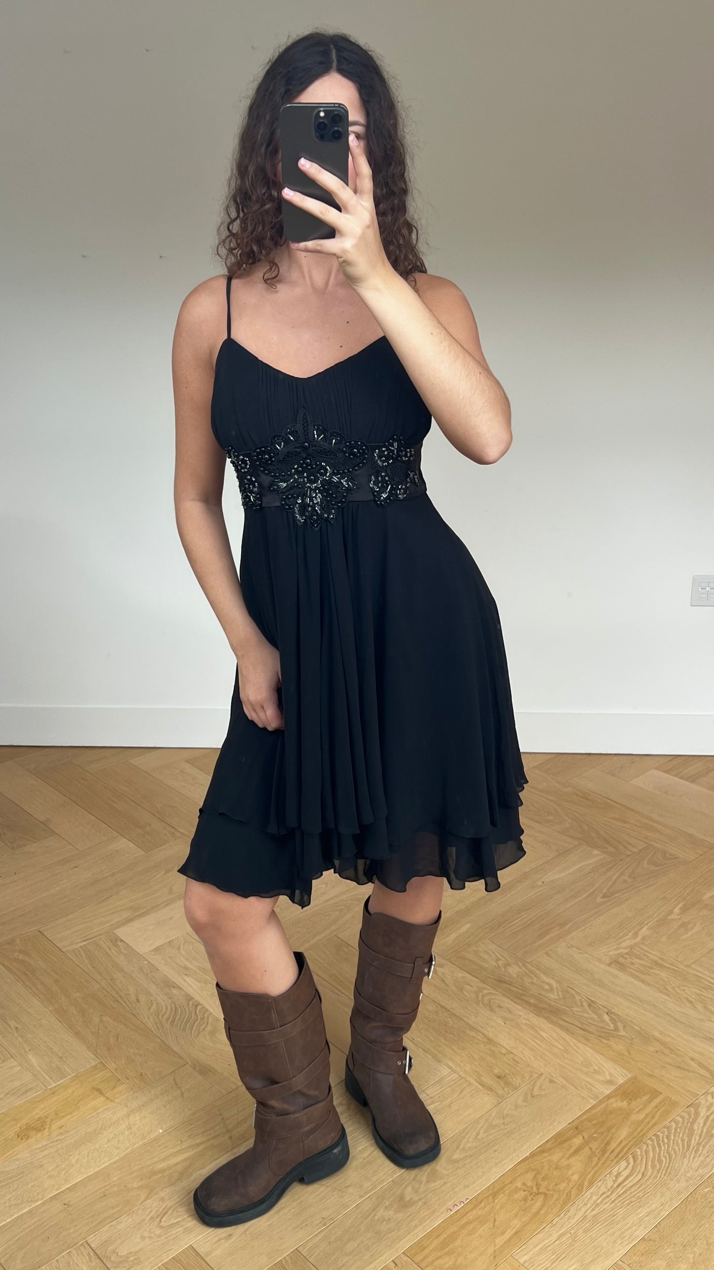 00s black beaded midi dress- size L