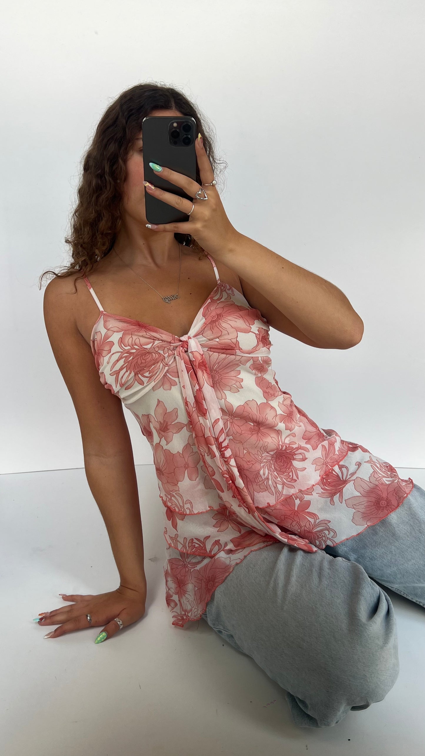 00s pink floral babydoll cami- size L