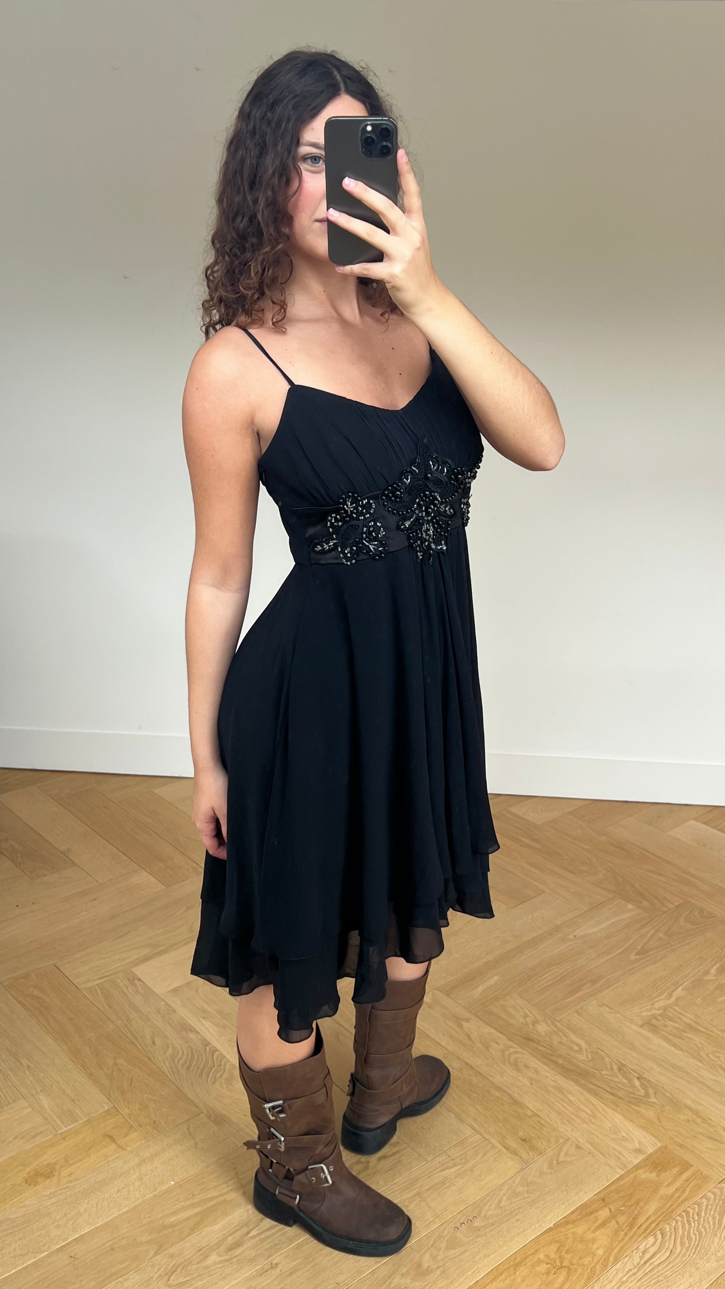 00s black beaded midi dress- size L