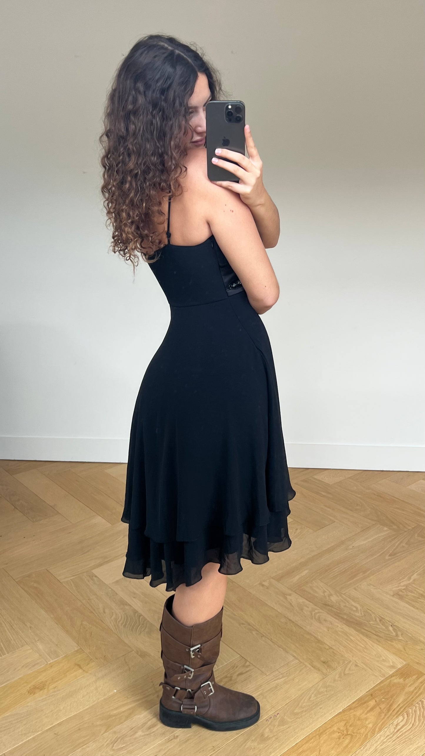 00s black beaded midi dress- size L