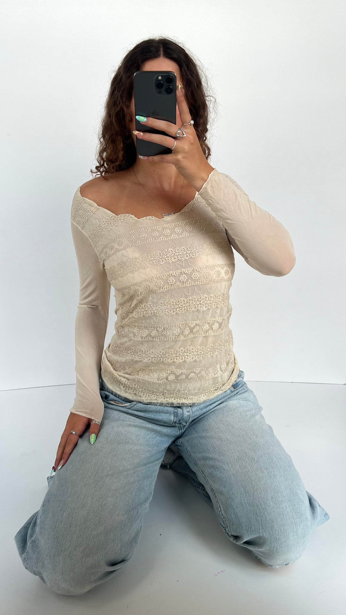 00s cream embroidered mesh top- size M