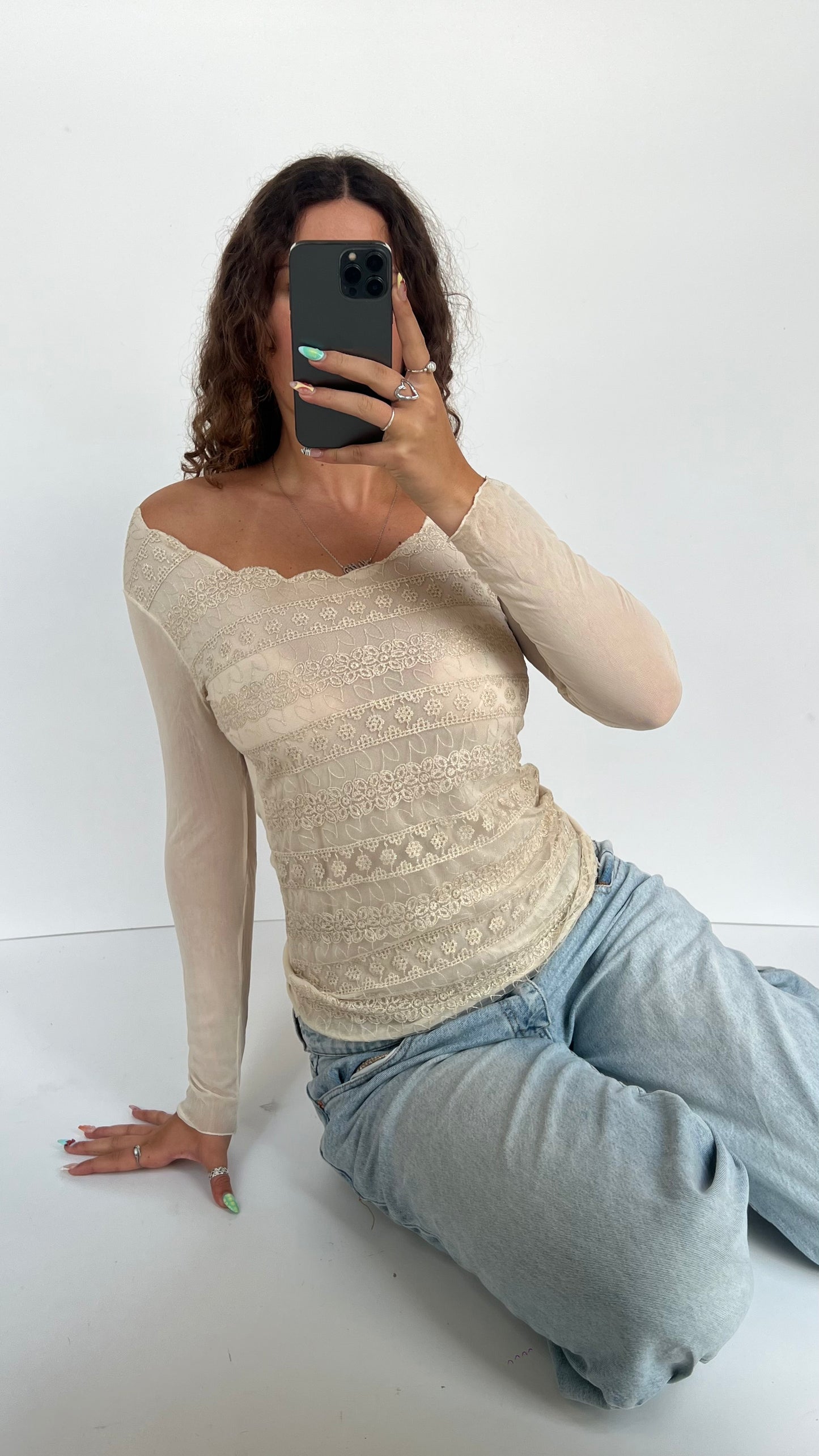 00s cream embroidered mesh top- size M