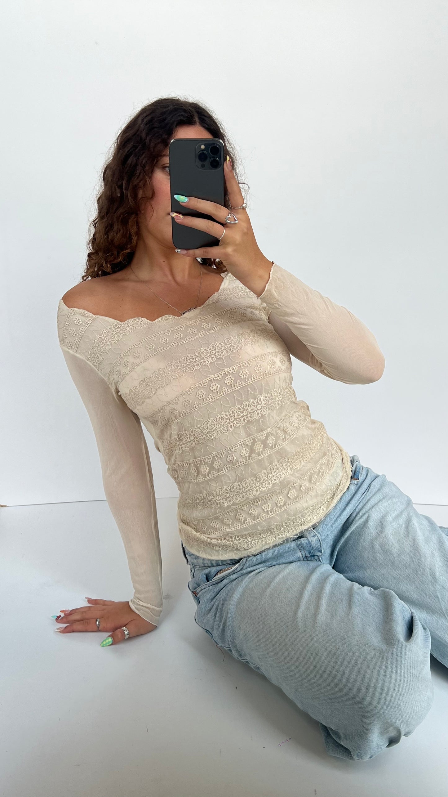 00s cream embroidered mesh top- size M
