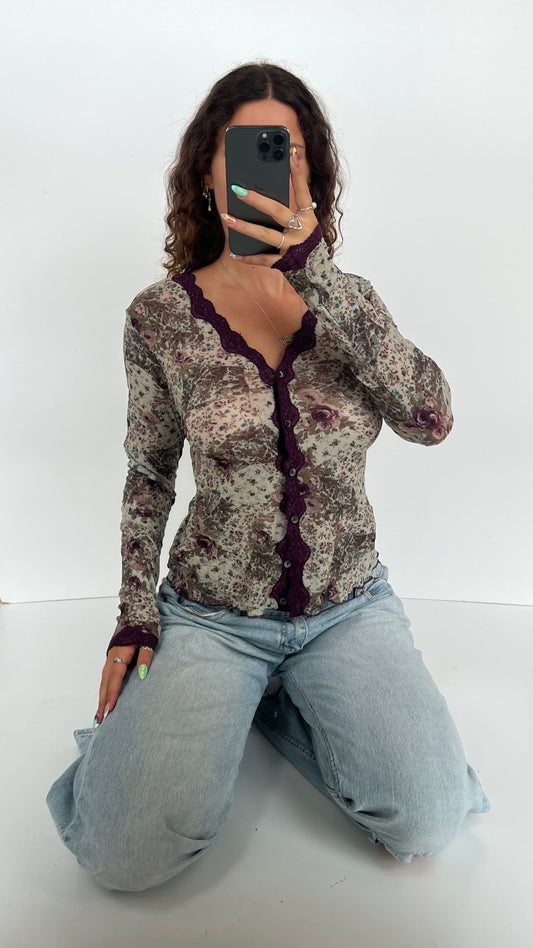 00s purple floral top- size L