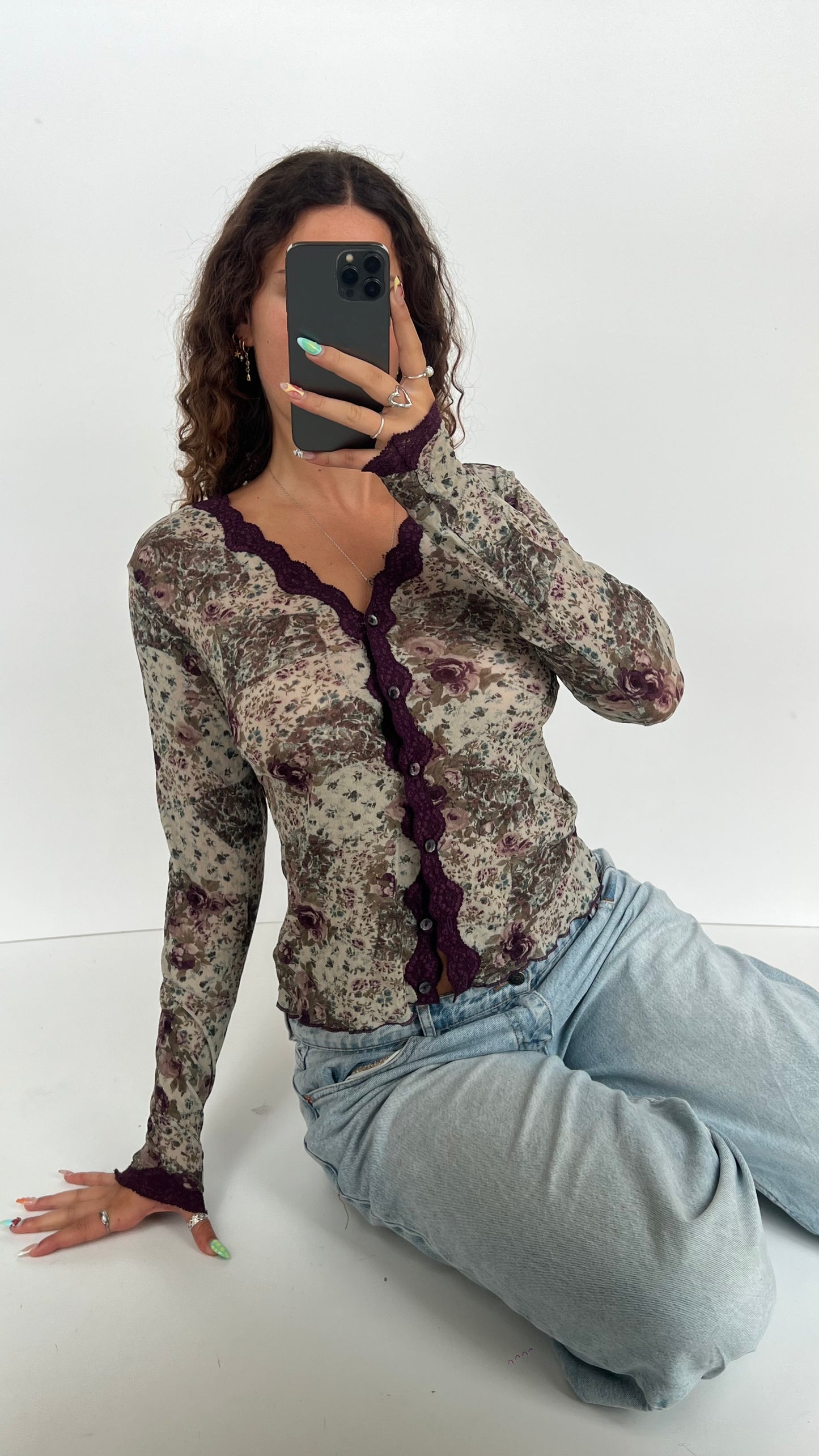 00s purple floral top- size L