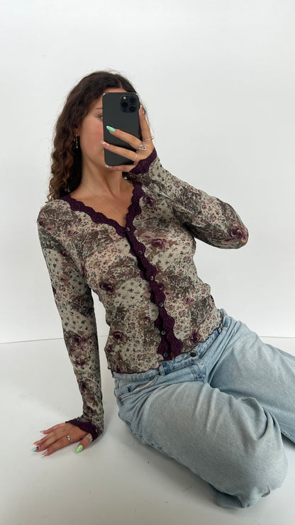00s purple floral top- size L