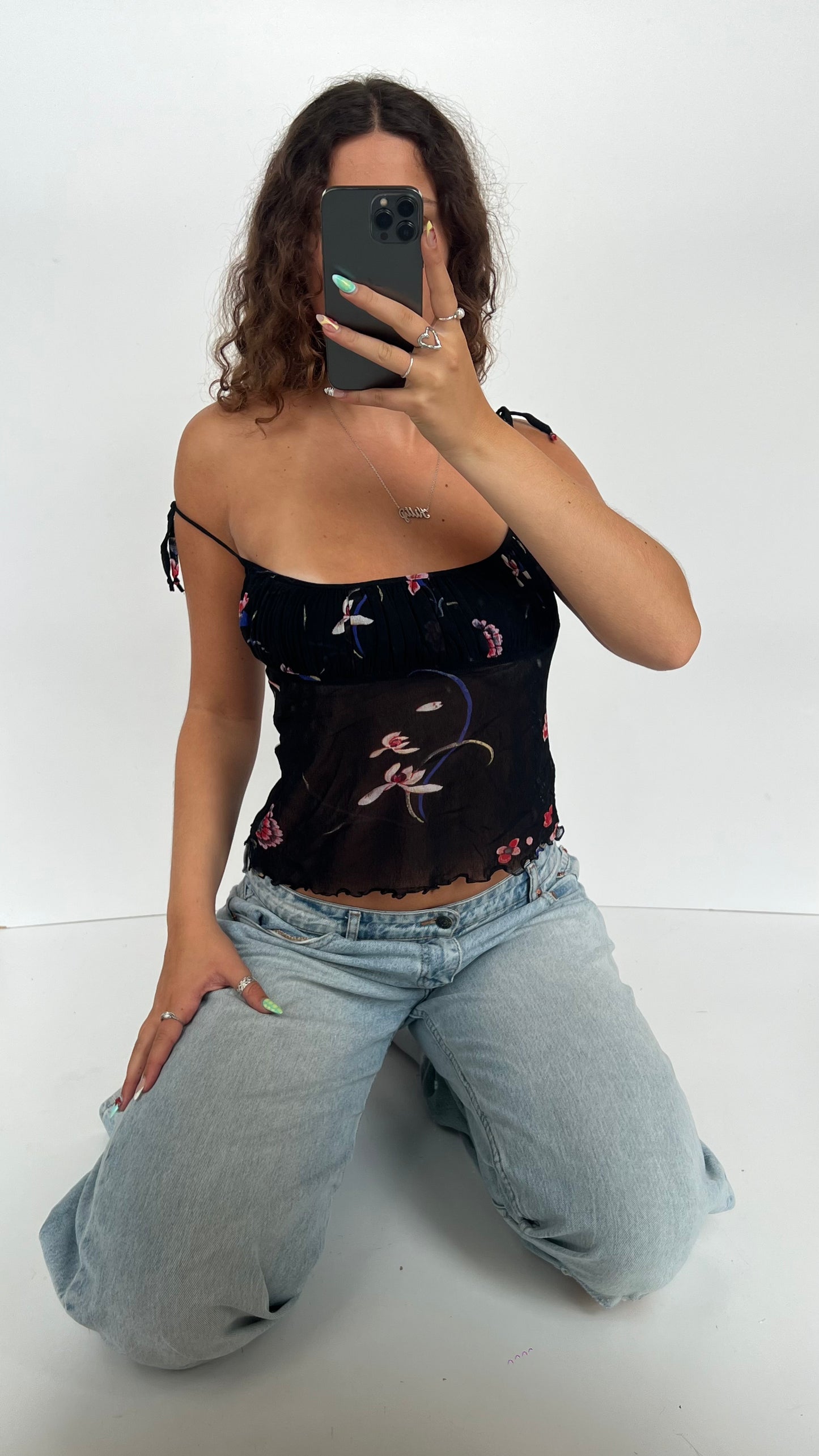 00s black floral mesh cami- size L