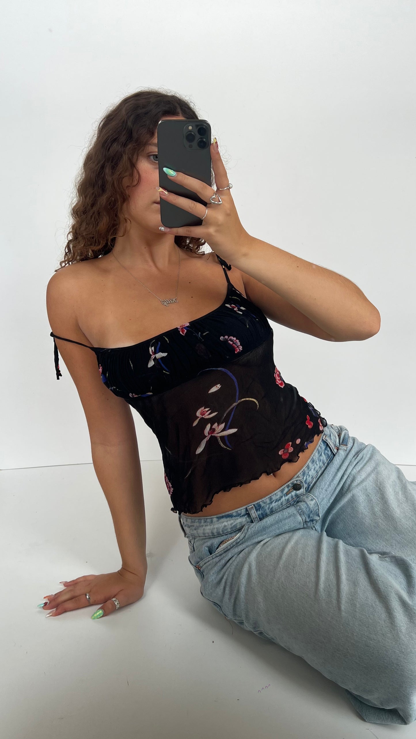 00s black floral mesh cami- size L