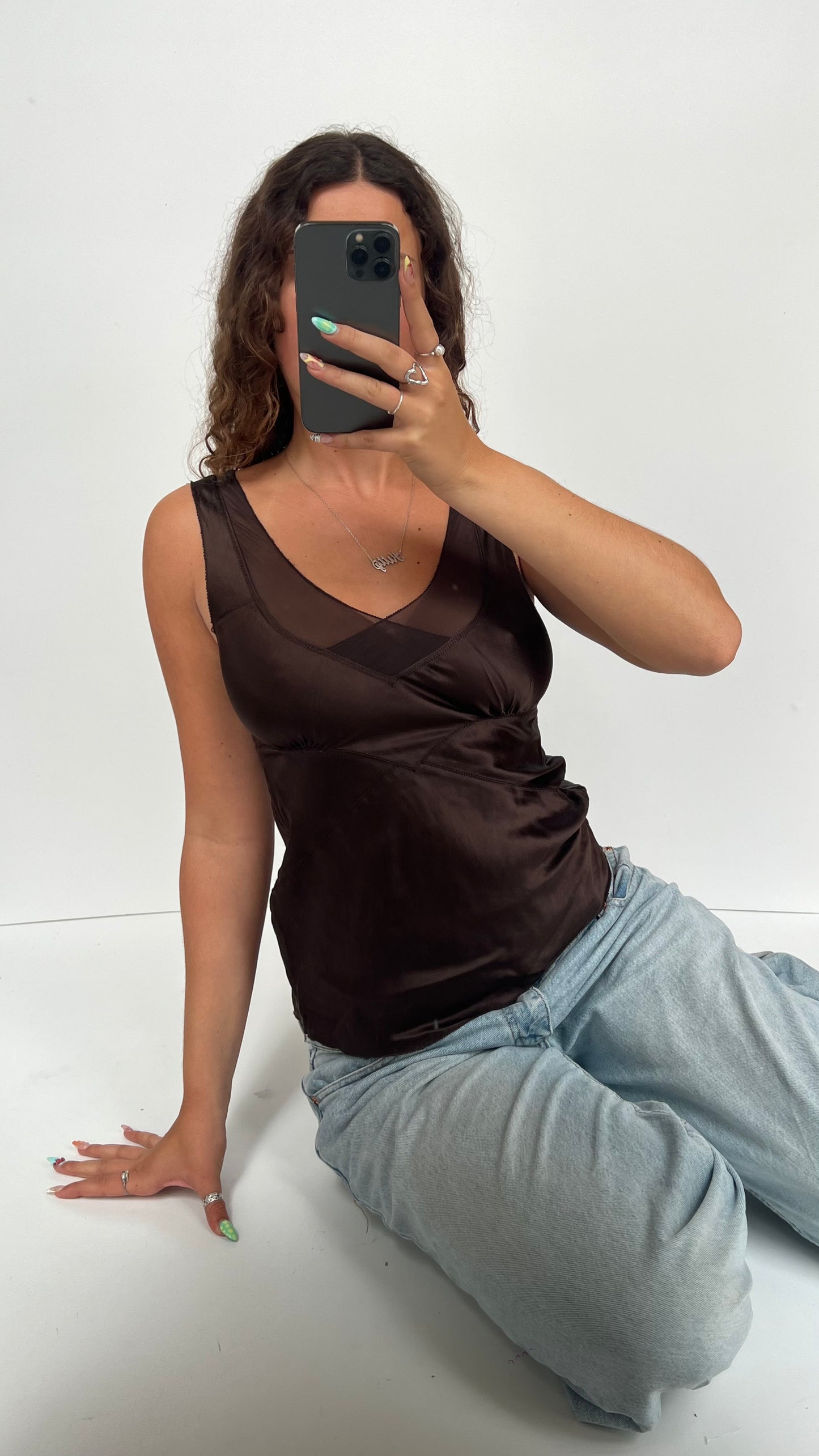 00s brown silk tank top- size M