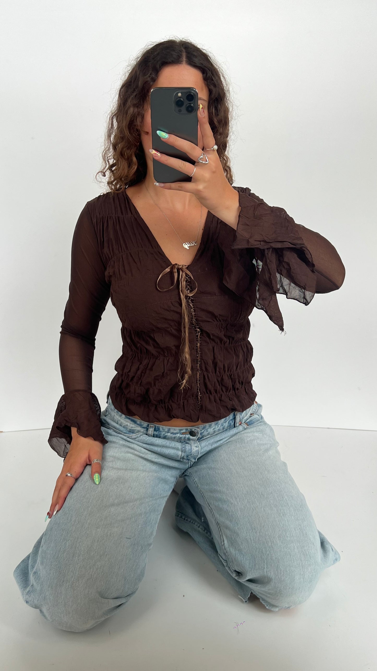 00s brown mesh ruched top- size M