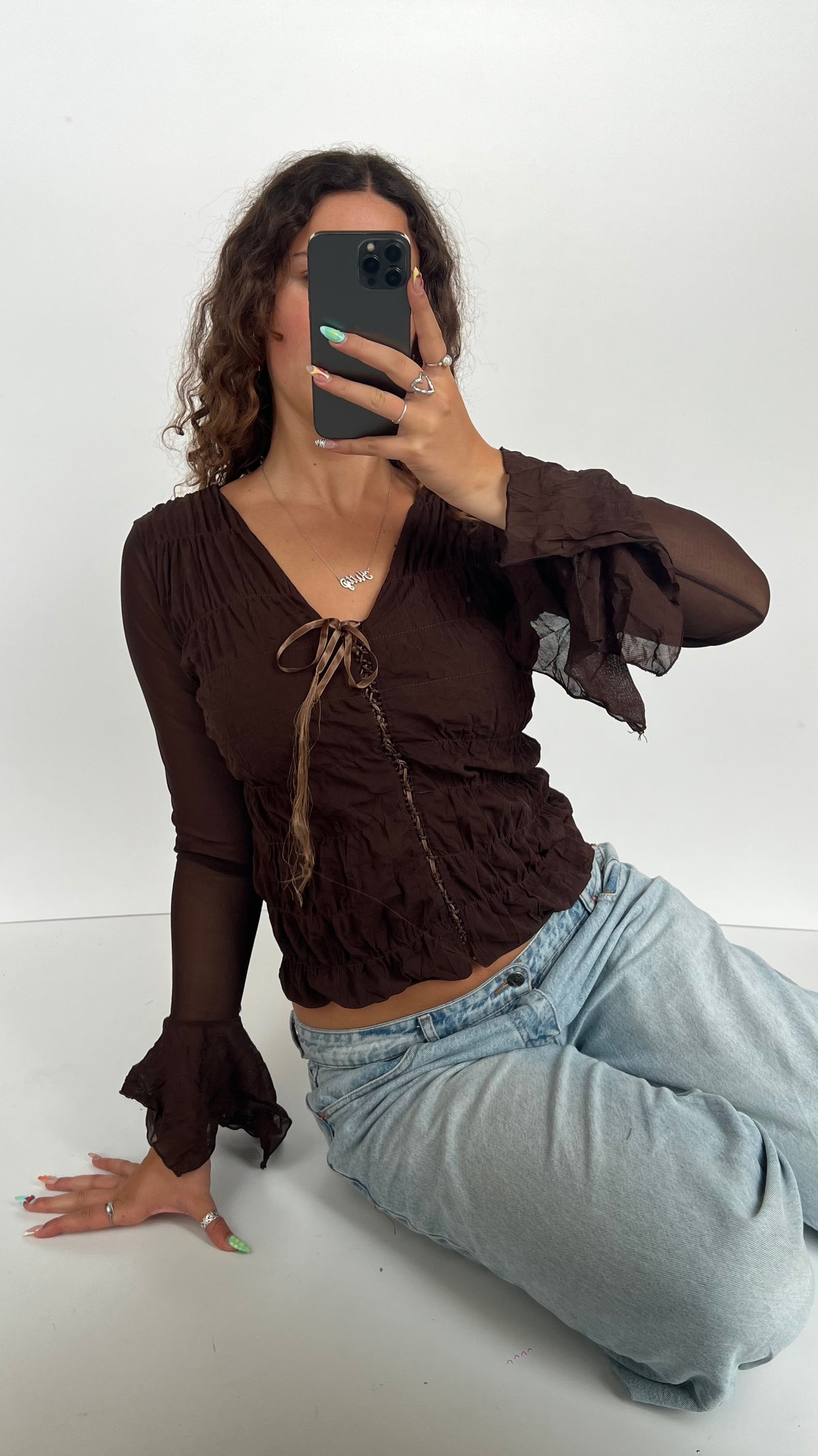 00s brown mesh ruched top- size M