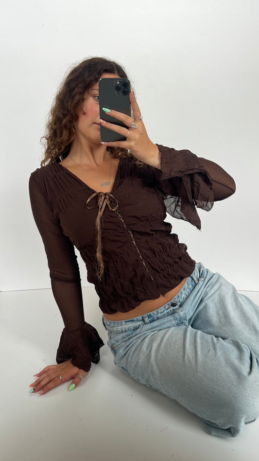 00s brown mesh ruched top- size M