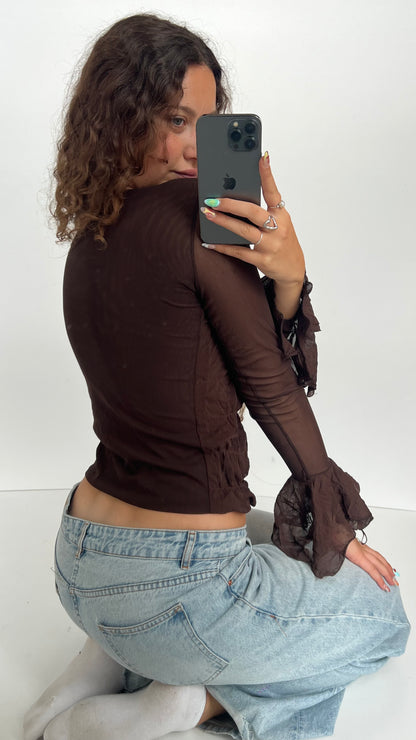 00s brown mesh ruched top- size M