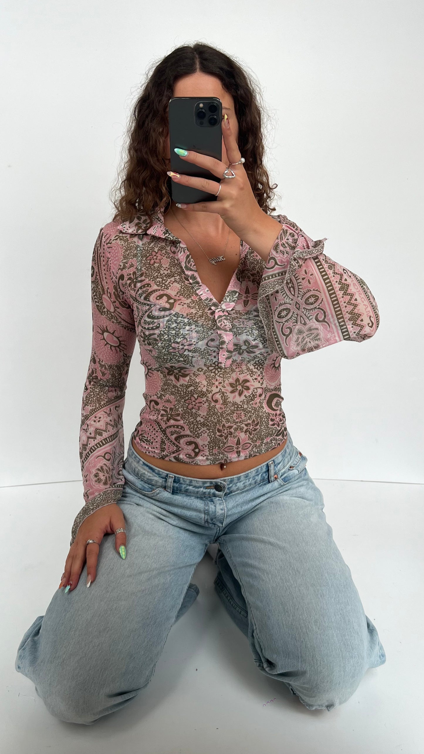 00s pink mesh patterned top- size S
